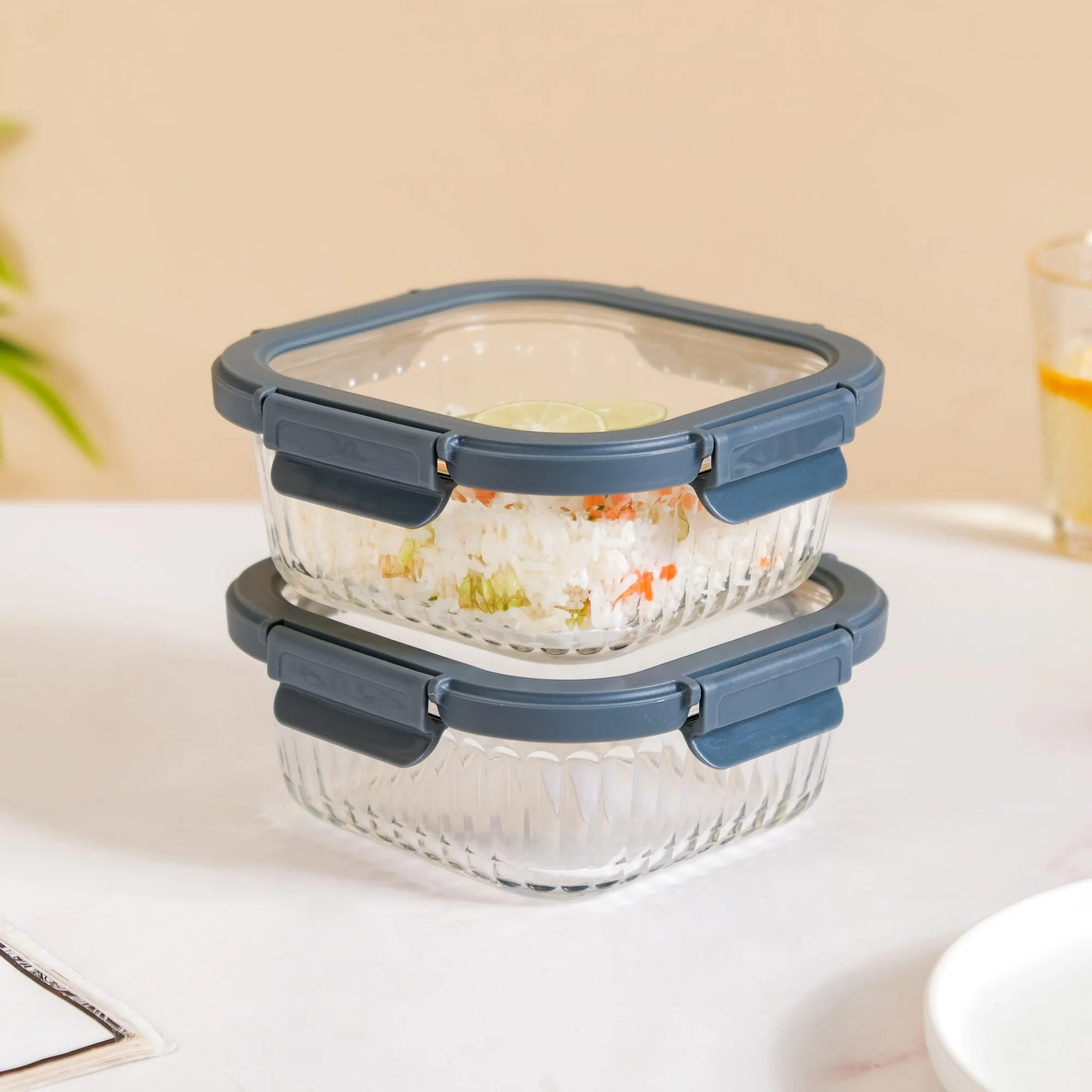 Large Fluted Glass Storage Container With Airtight Lid Set Of 2 800ml - Image 3