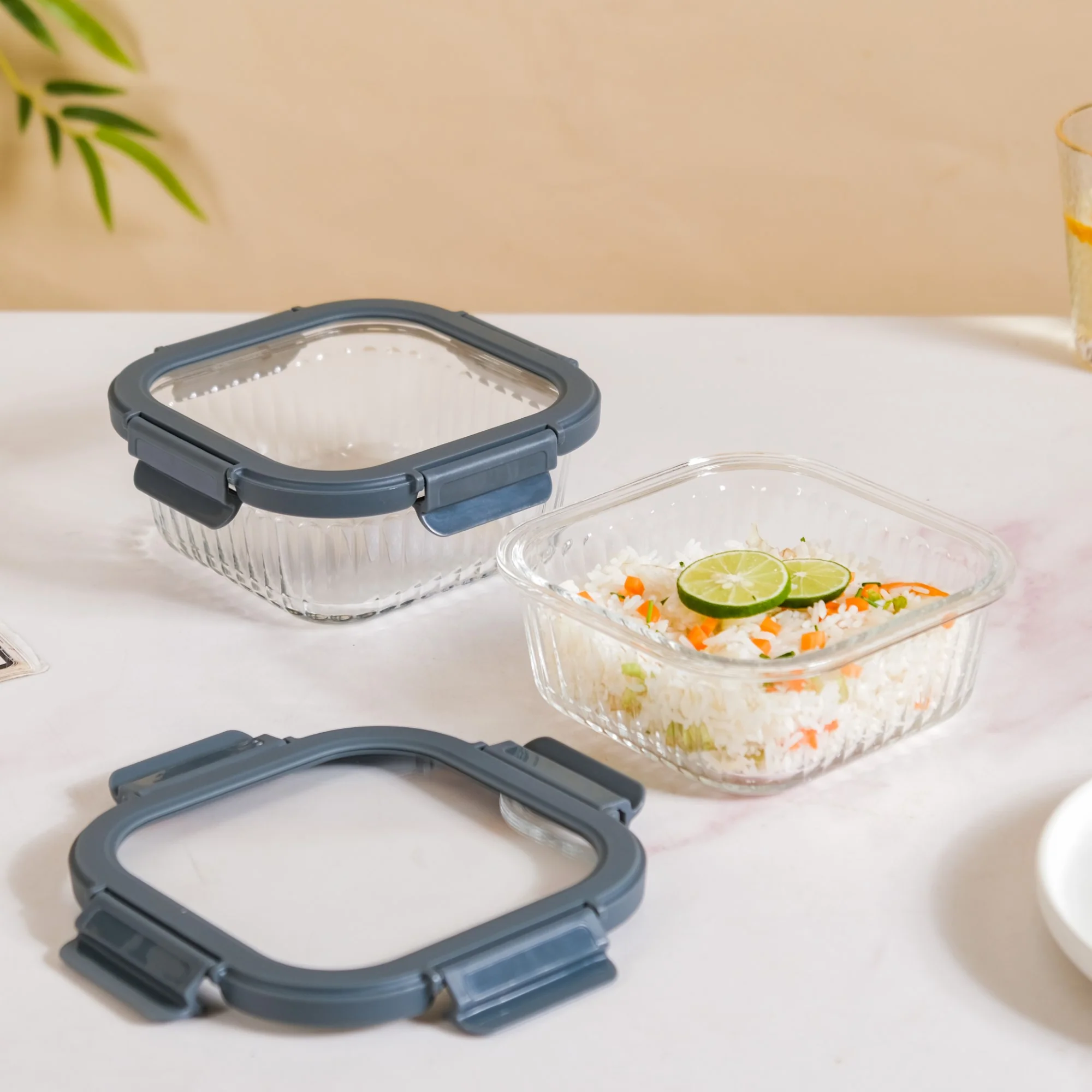 Large Fluted Glass Storage Container With Airtight Lid Set Of 2 800ml - Image 6