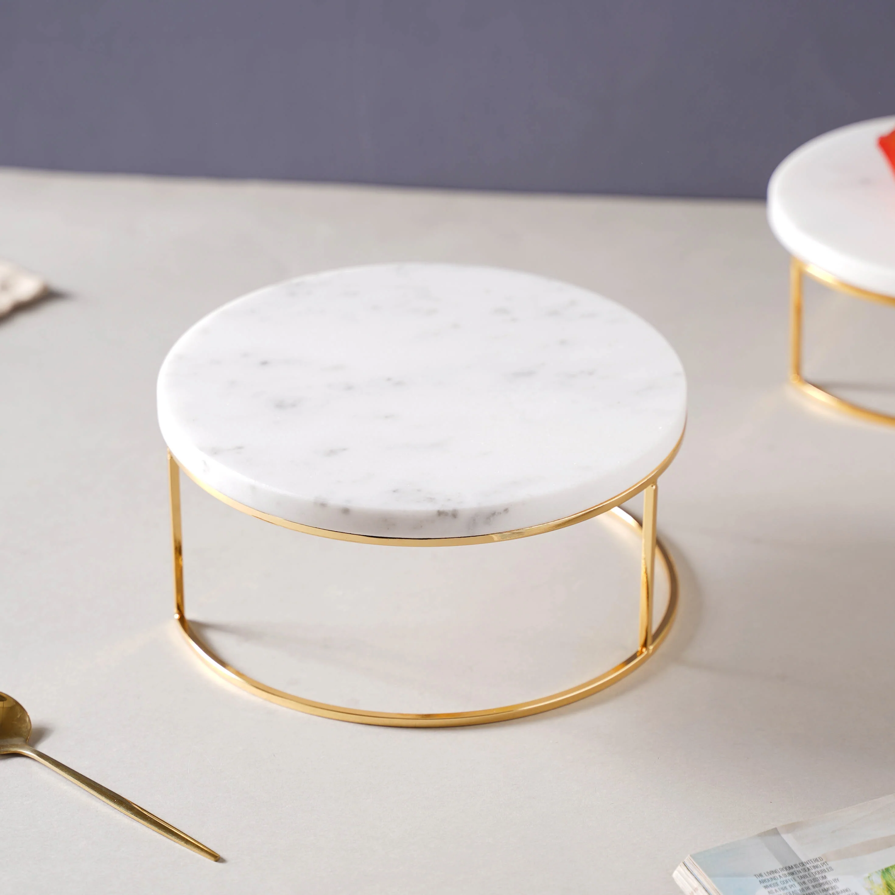 Large Round Marble Tray With Metal Stand - Image 6