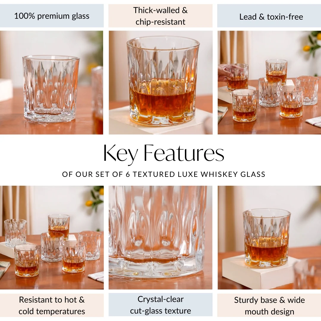 Large Set Of 6 Textured Luxe Whiskey Glass 310ml - Image 6