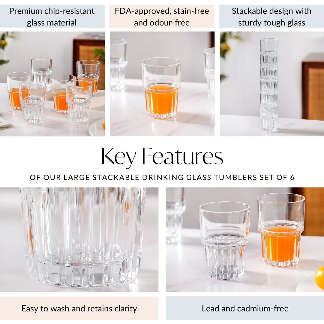 Large Stackable Drinking Glass Tumblers Set Of 6 340ml - Image 6