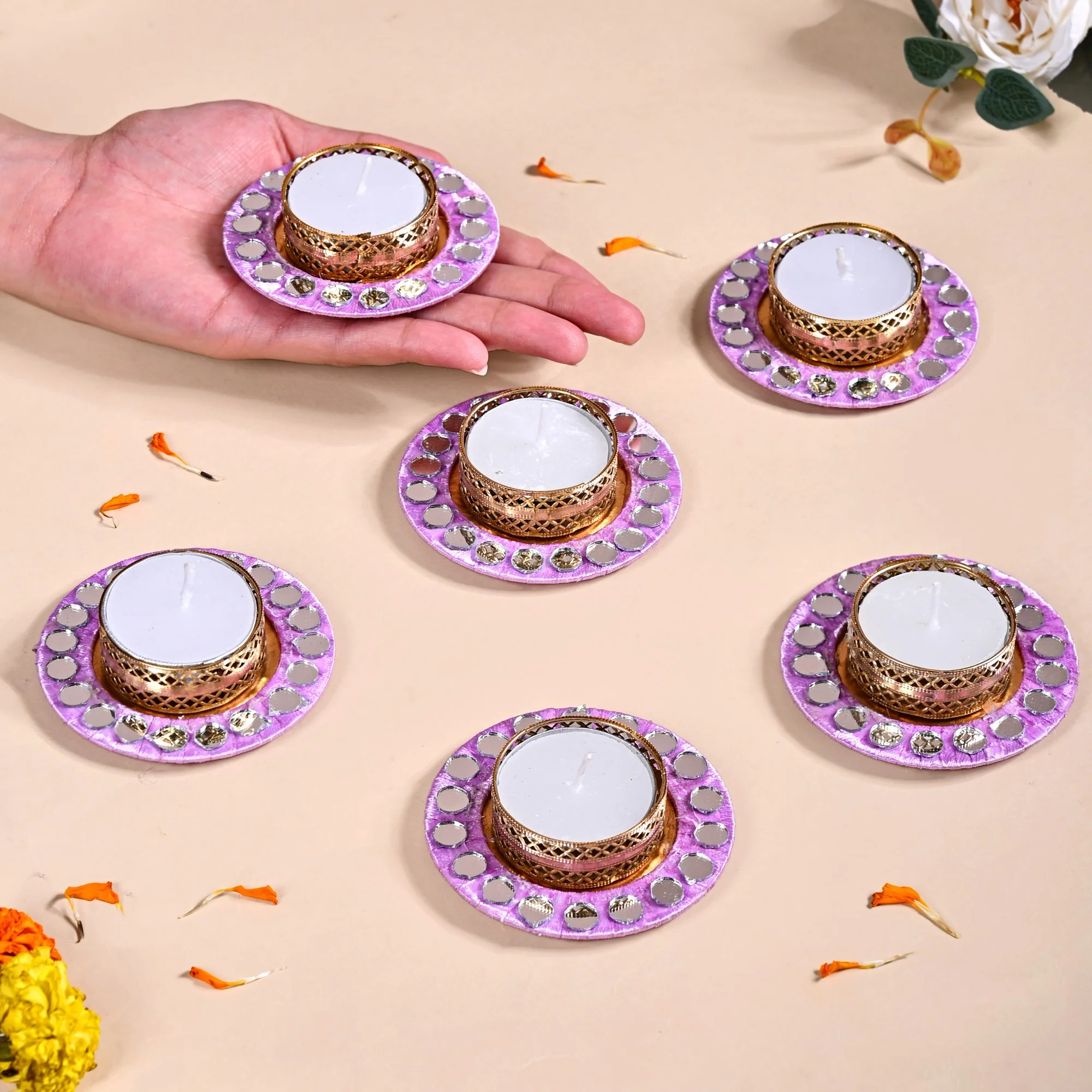 Lavender Tealight Holders With Mirror Decoration Set Of 6 - Image 3