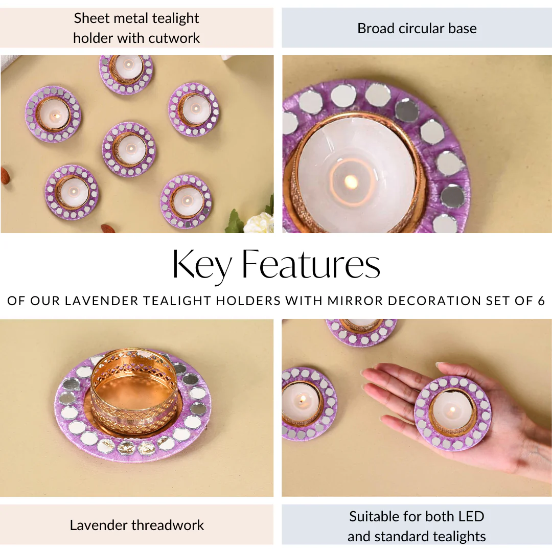 Lavender Tealight Holders With Mirror Decoration Set Of 6 - Image 4