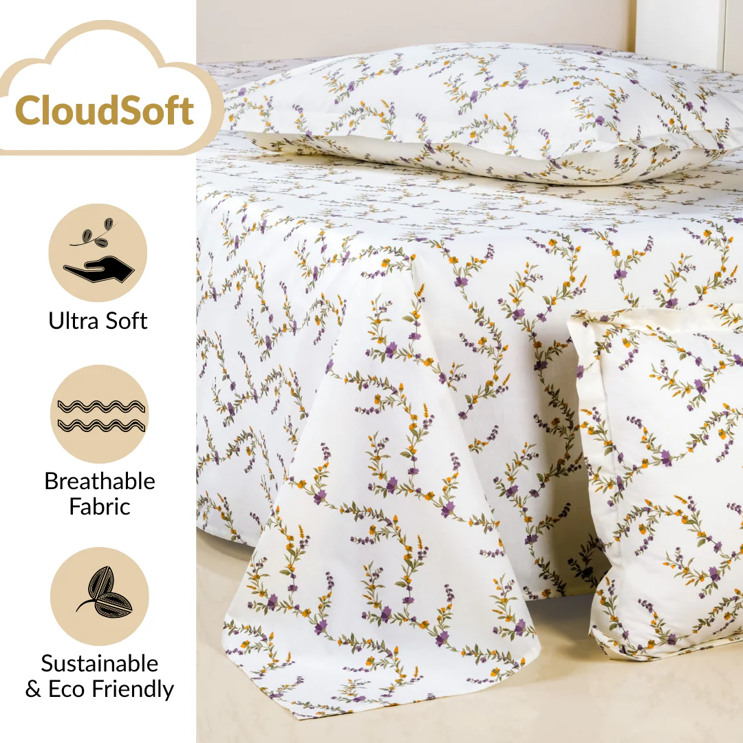 Lavender Vine Queen Size Pure Cotton Bedding Set 254x229cm - Image 4