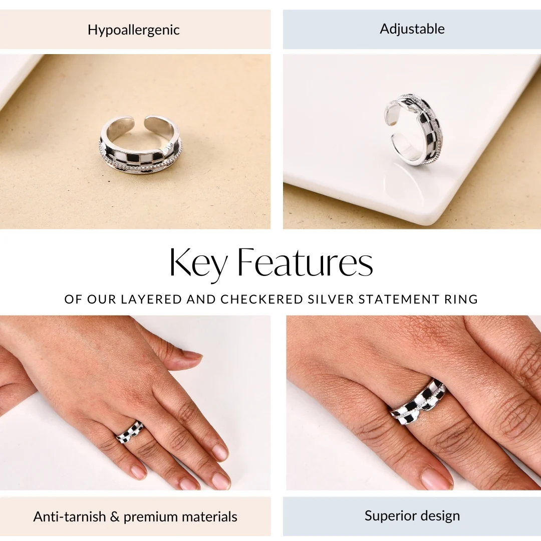 Layered And Checkered Silver Statement Ring - Image 4