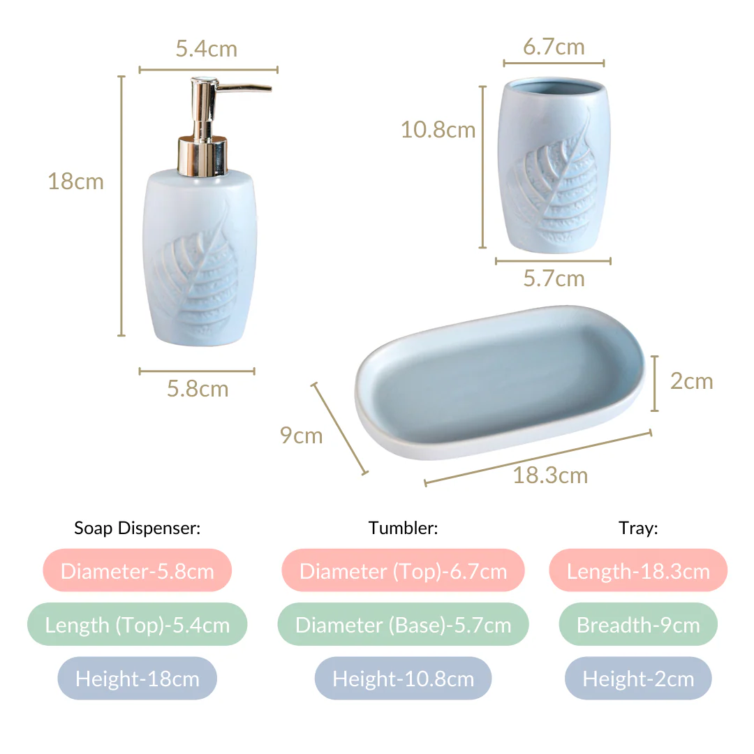 Leaf Emboss Ceramic Bath Set Of 3 With Tray Light Blue - Image 3