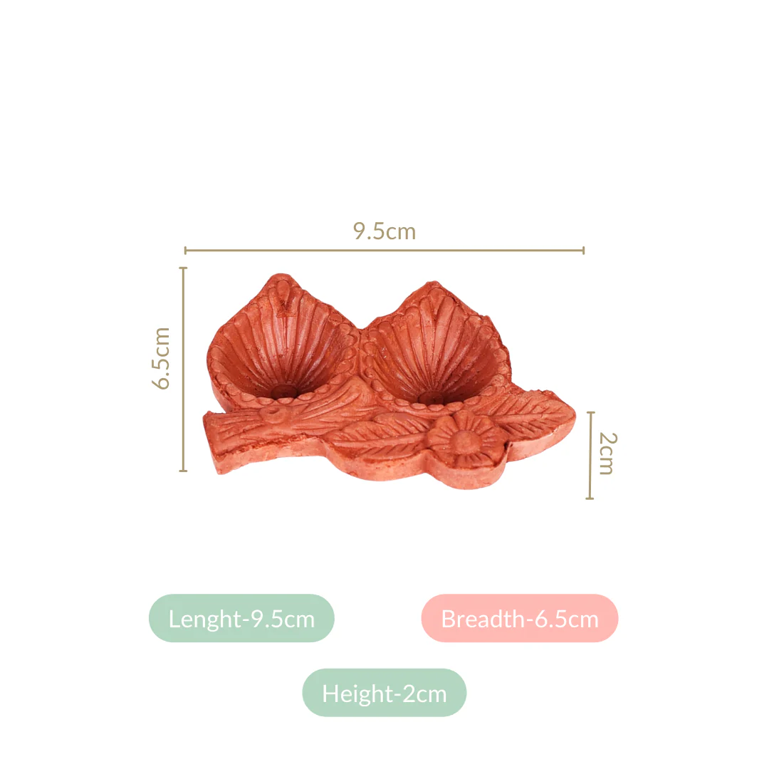 Leaf Shaped Double Slot Terracotta Diwali Diyas Set Of 48 - Image 4
