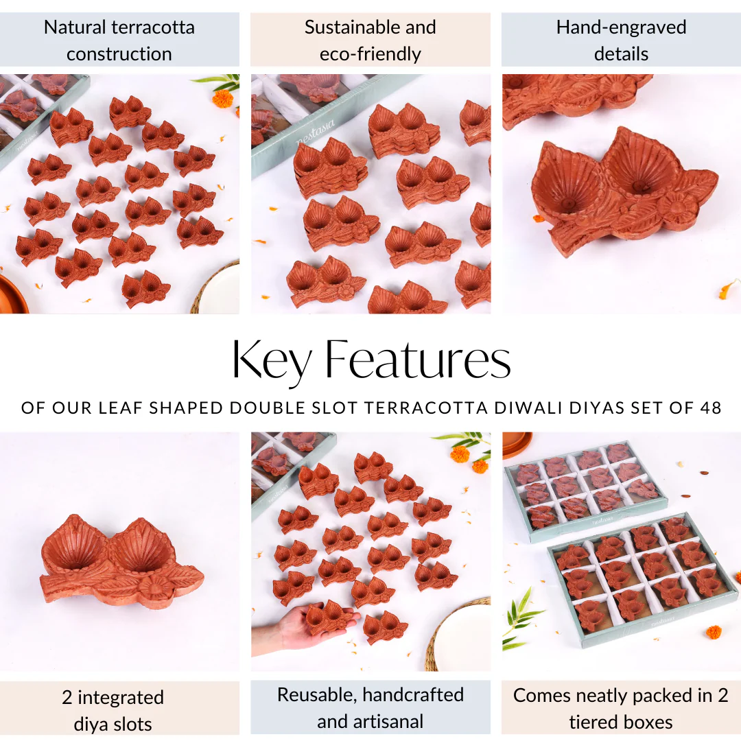 Leaf Shaped Double Slot Terracotta Diwali Diyas Set Of 48 - Image 5