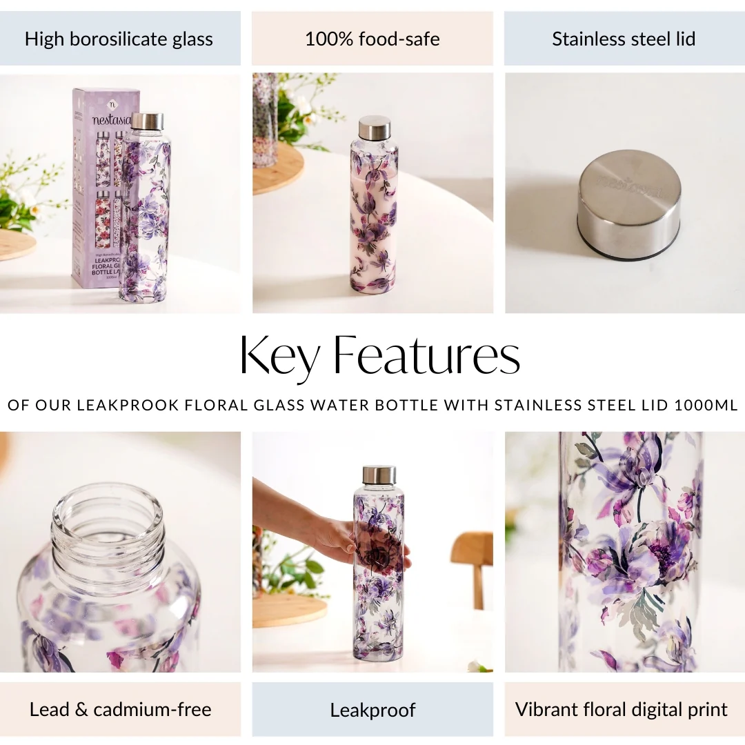Leakproof Floral Glass Water Bottle With Stainless Steel Lid 1000ml - Image 5