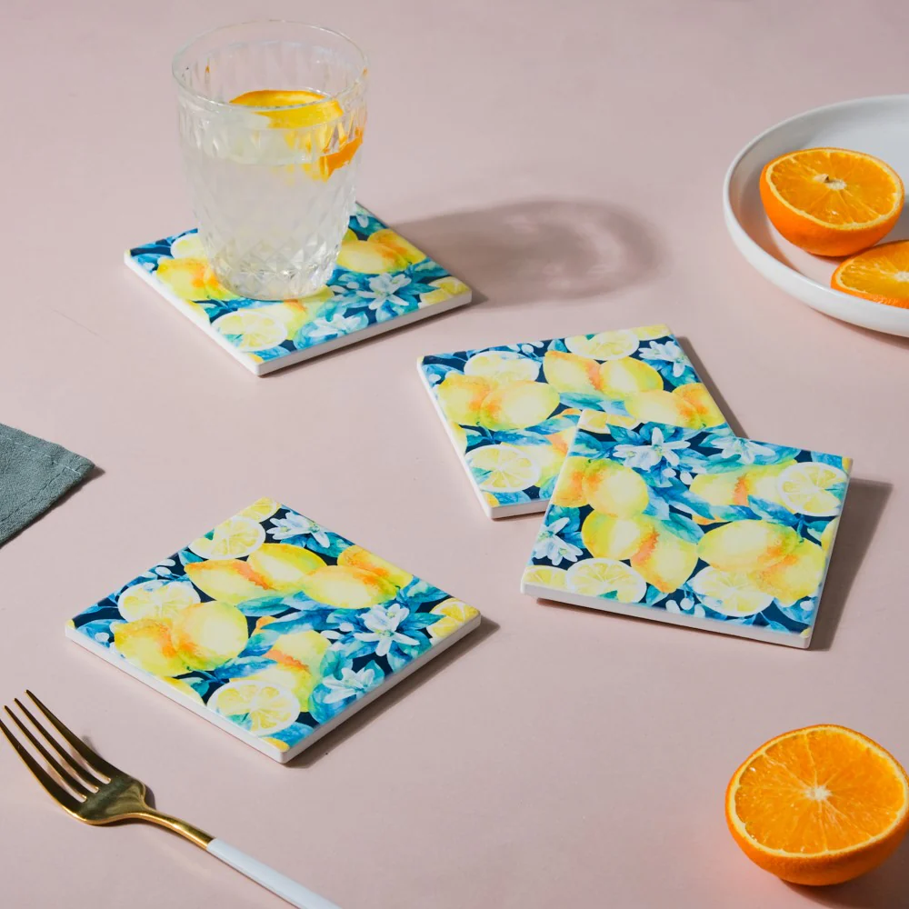 Lemon Matte Ceramic Square Tile Coaster Set Of 4 - Image 2
