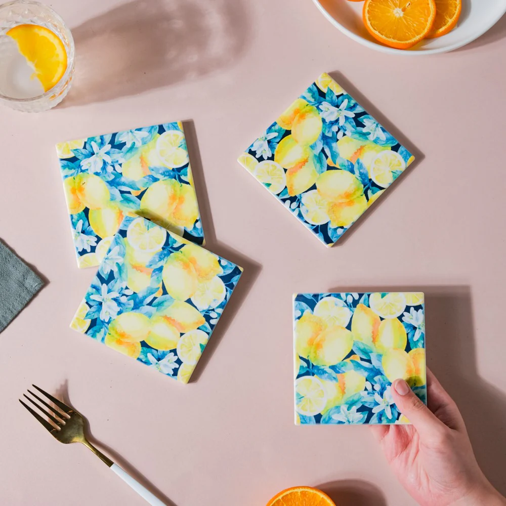 Lemon Matte Ceramic Square Tile Coaster Set Of 4 - Image 3