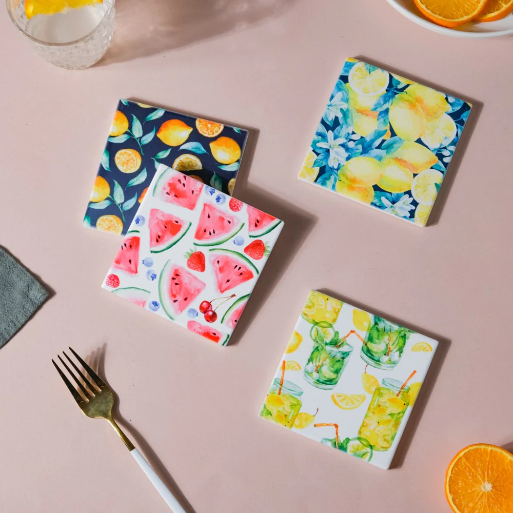 Lemon Matte Ceramic Square Tile Coaster Set Of 4 - Image 7