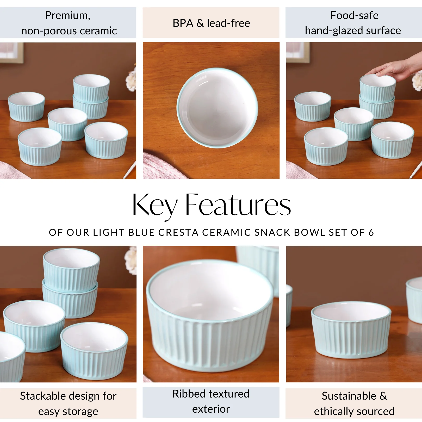 Light Blue Cresta Ceramic Snack Bowl Set Of 6 400ml - Image 5
