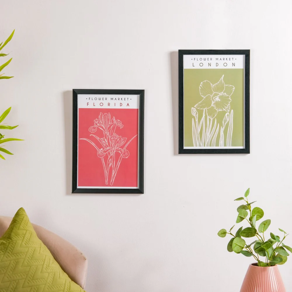 Line Art Flower Framed Poster Set Of 2 13x9 Inch