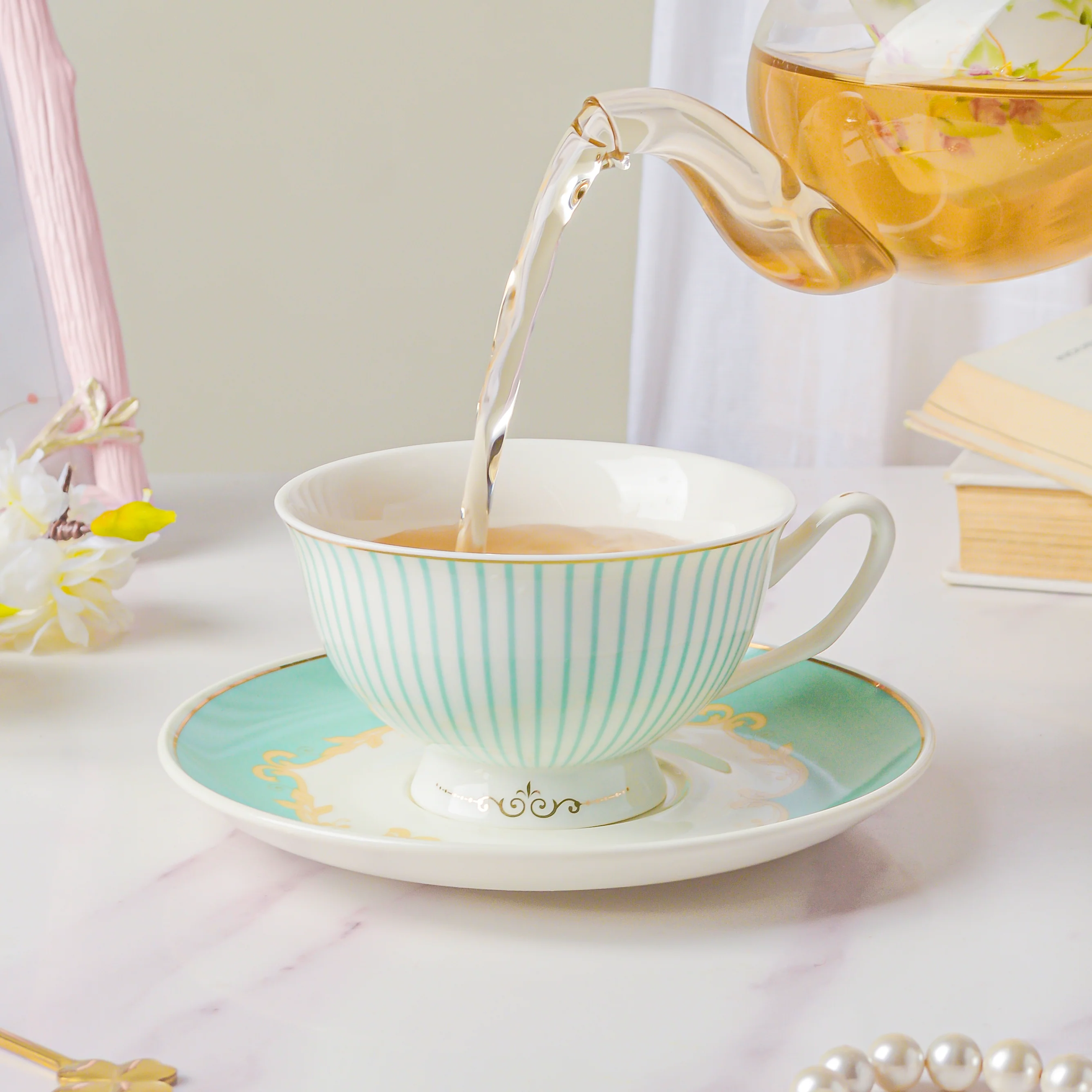 Lined English Teacup And Saucer Set Turquoise 150 ml - Image 4