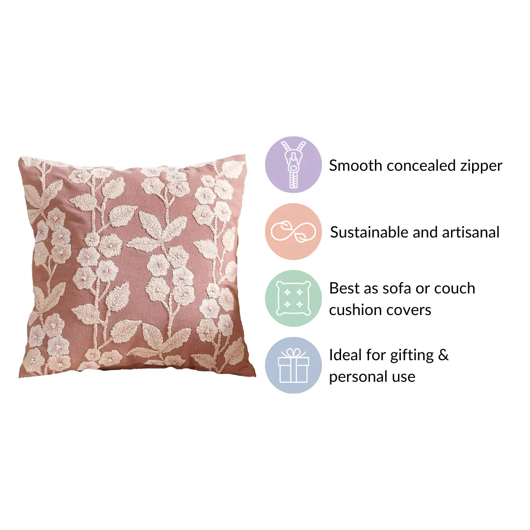 Linen Cushion Cover With Threadwork Pink 16x16 Inch - Image 6