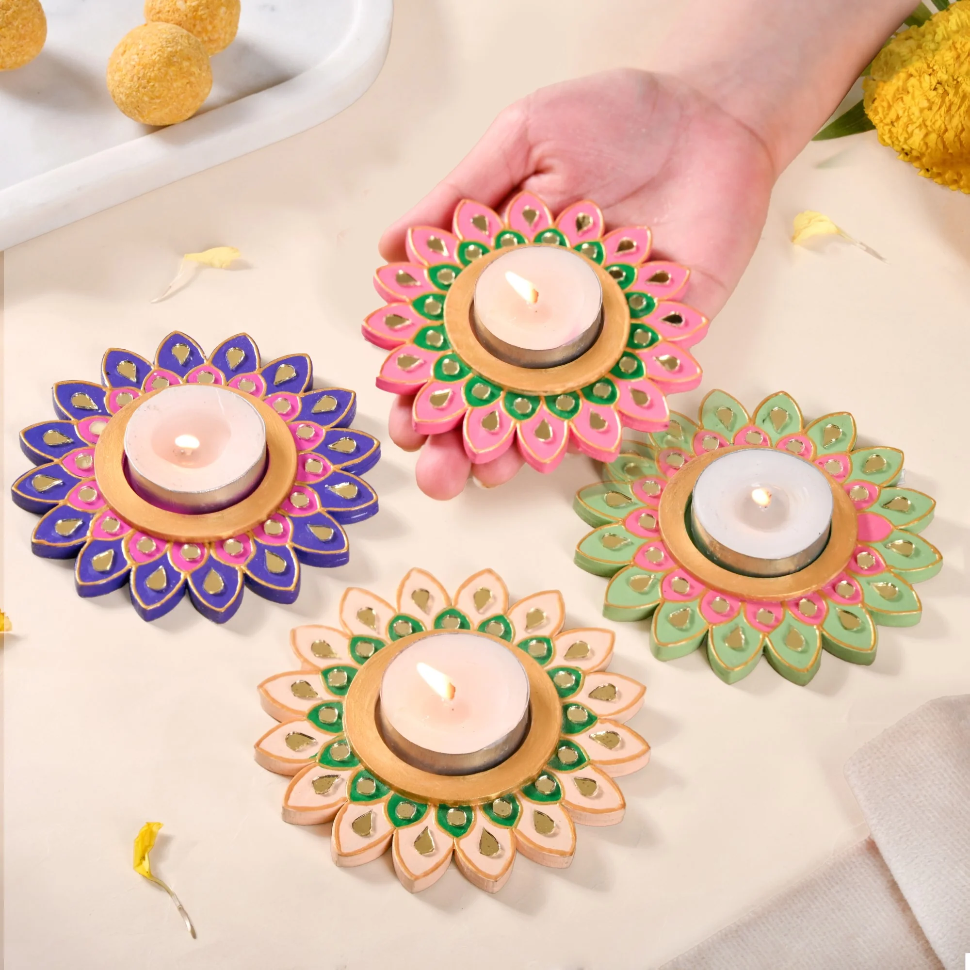 Lippan Art Mirrorwork Vibrant Flower Tealight Holders Set Of 4 - Image 2