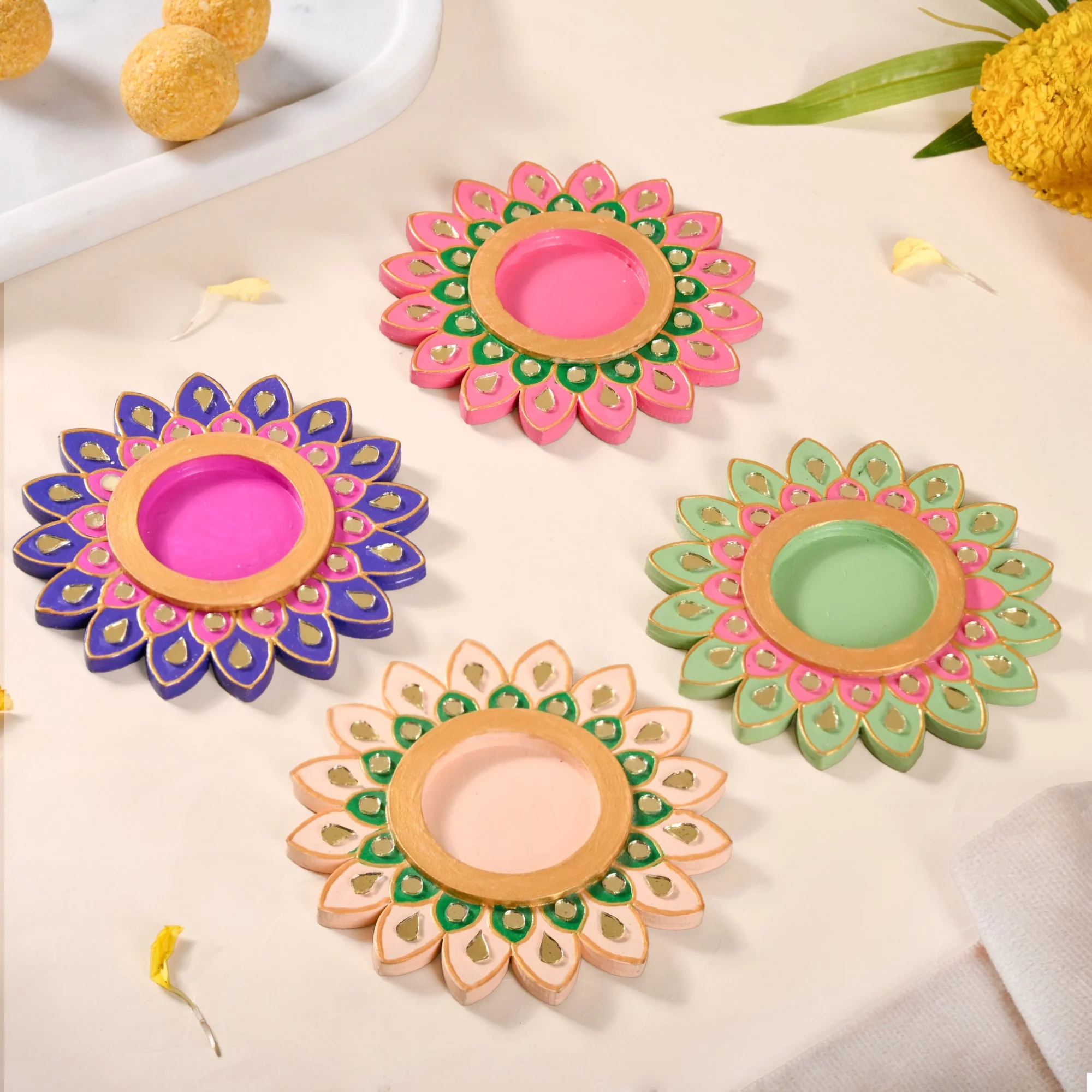Lippan Art Mirrorwork Vibrant Flower Tealight Holders Set Of 4 - Image 3
