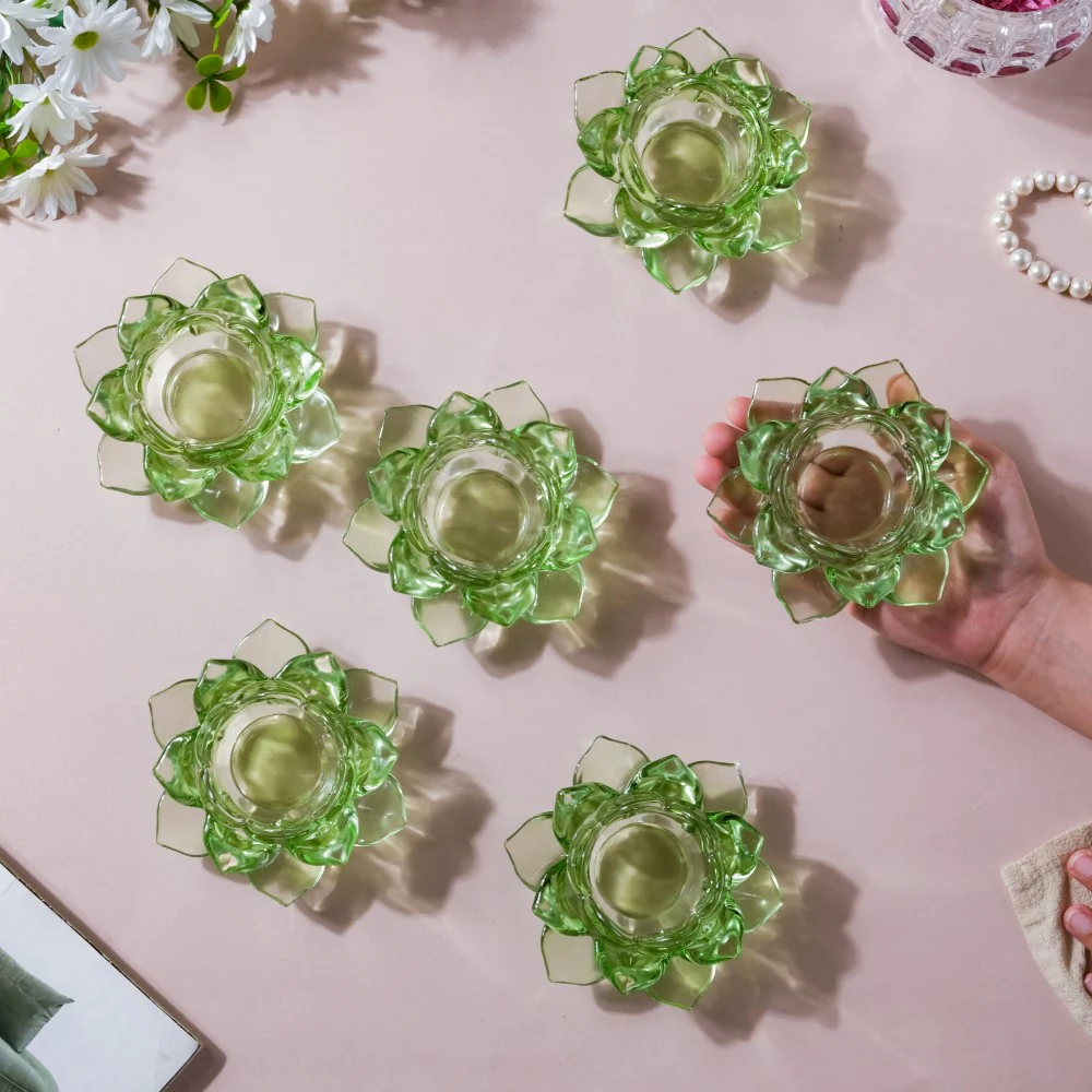 Lotus Glass Tea Light Holder Green Set of 6 - Image 3