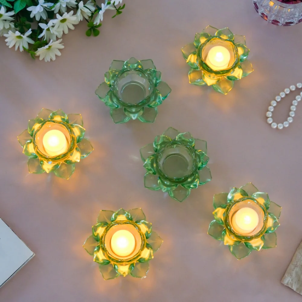 Lotus Glass Tea Light Holder Green Set of 6 - Image 5