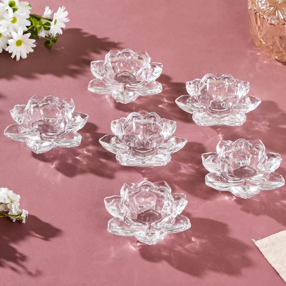 Lotus Glass Tea Light Holder Transparent Set Of 6 - Image 3