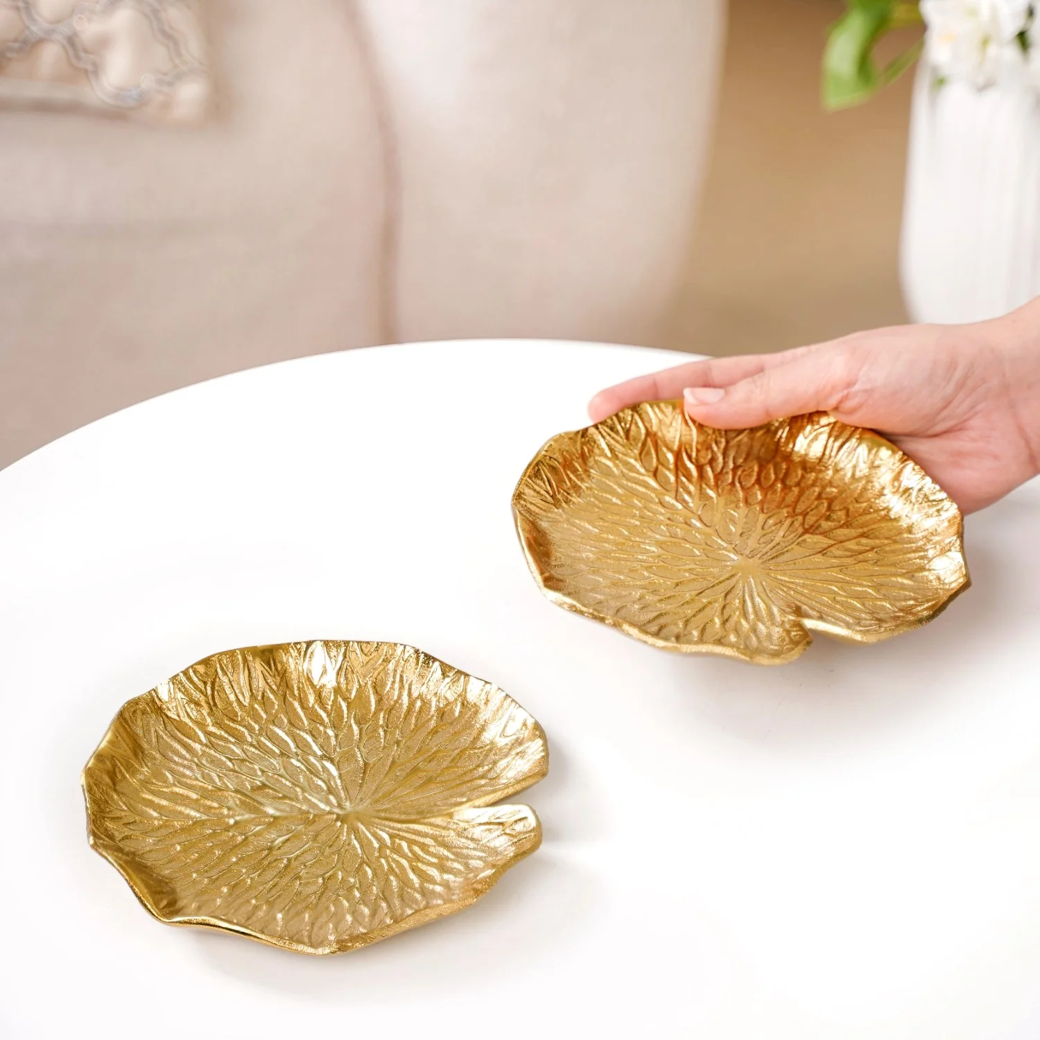 Lotus Leaf Metal Trinket Tray Gold Set Of 2 - Image 2