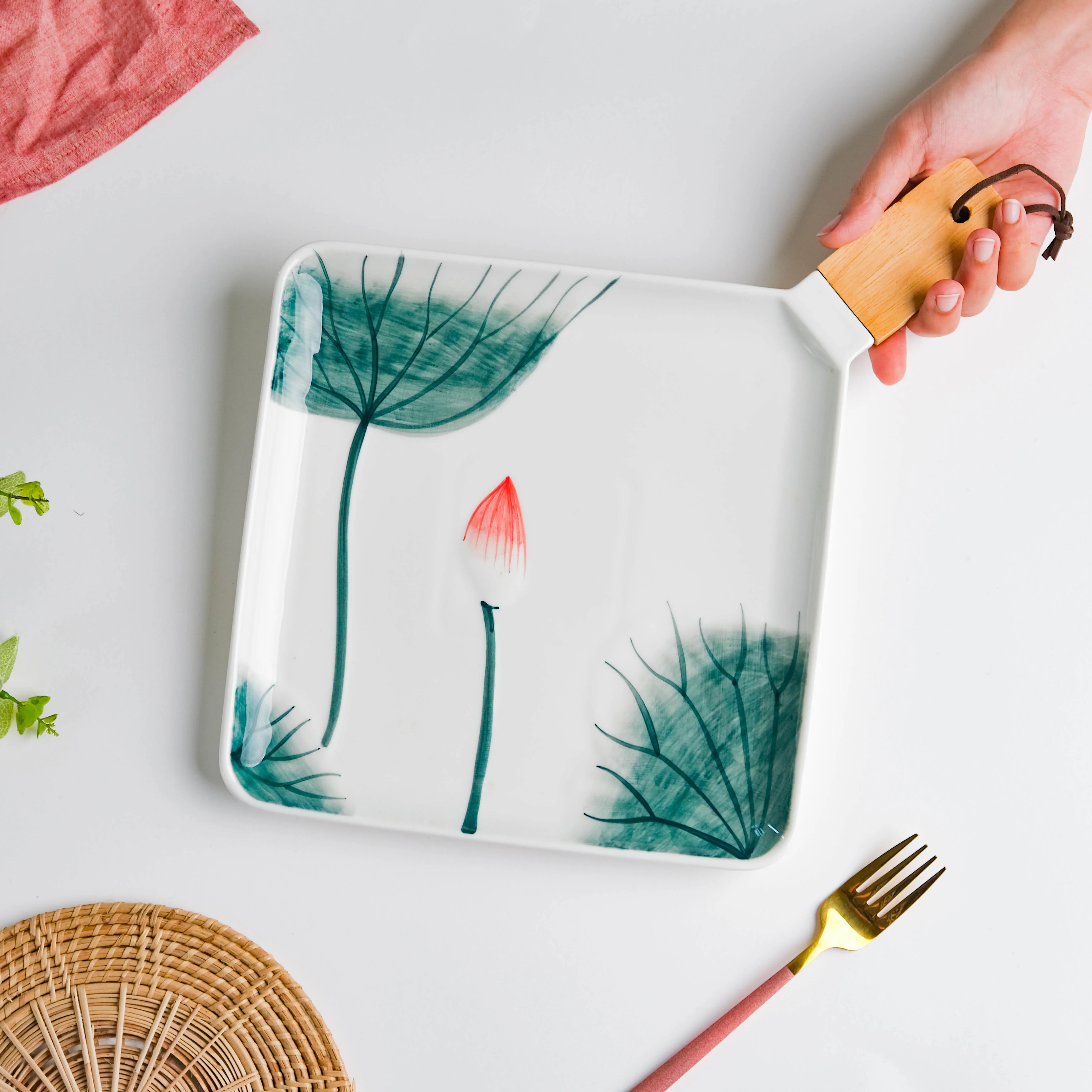 Lotus Leaf Square Platter With Handle 12 Inch Large - Image 2