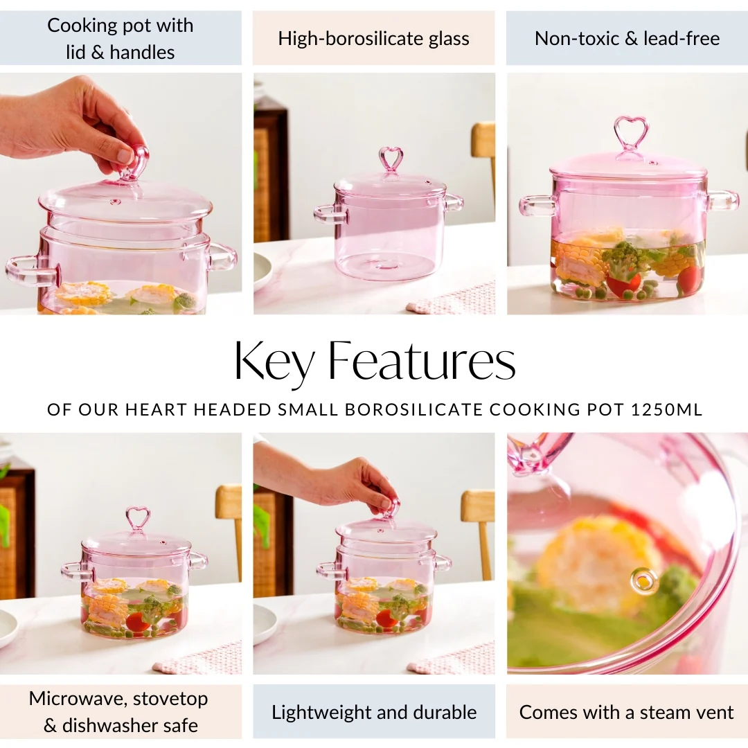 Love Pink Borosilicate Glass Cooking Pot 1250ml - Image 5