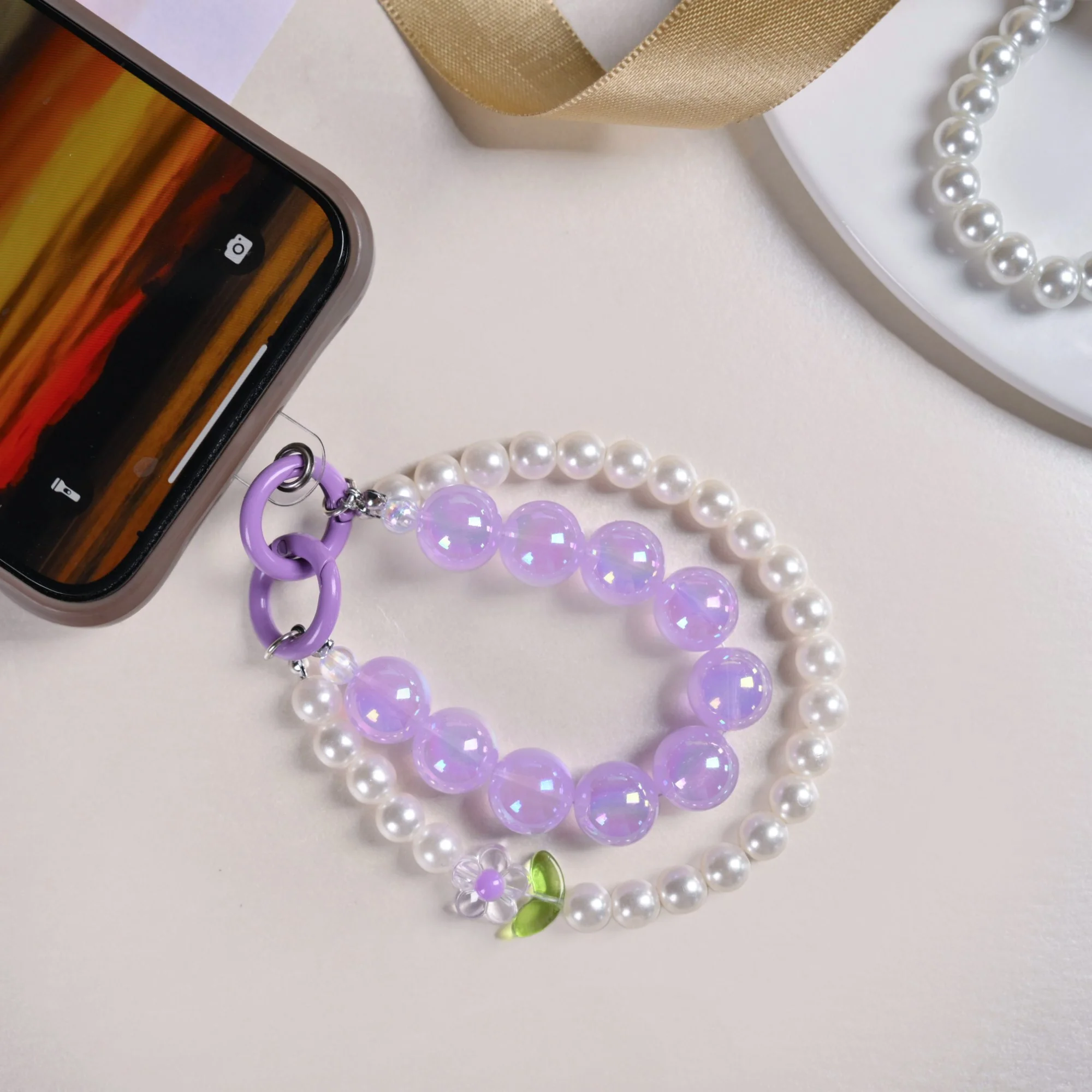 Lucky Lavender Pearl Beaded Keyring - Image 7