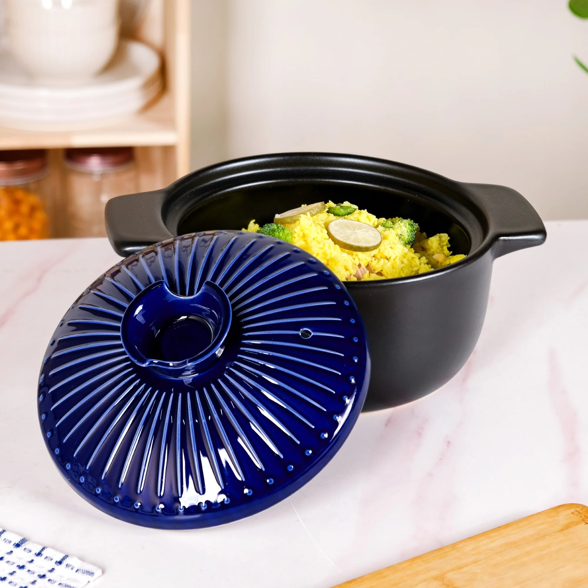 Lumea Ribbed Ceramic Cooking Pot Blue 3500ml - Image 12