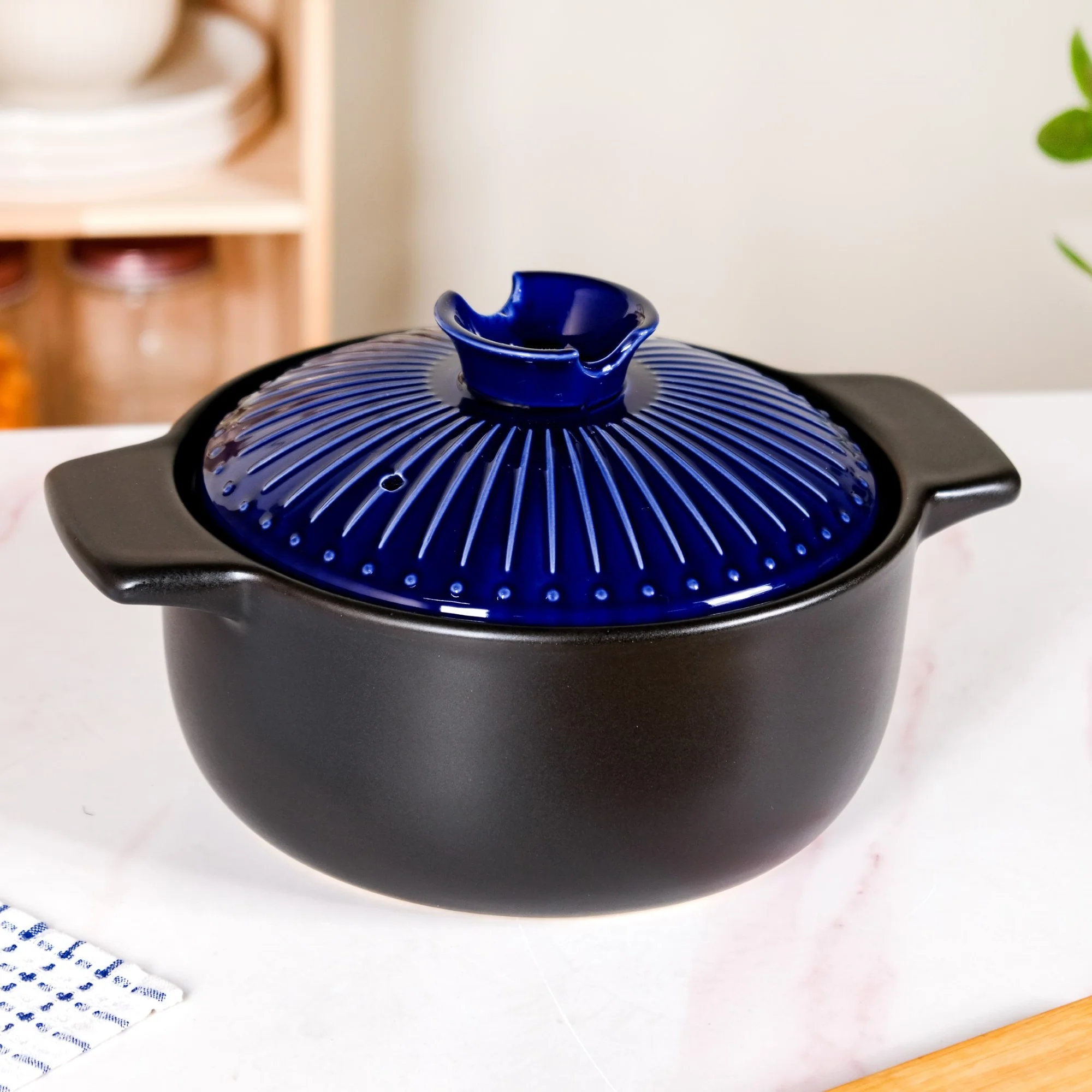 Lumea Ribbed Ceramic Cooking Pot Blue 3500ml - Image 2