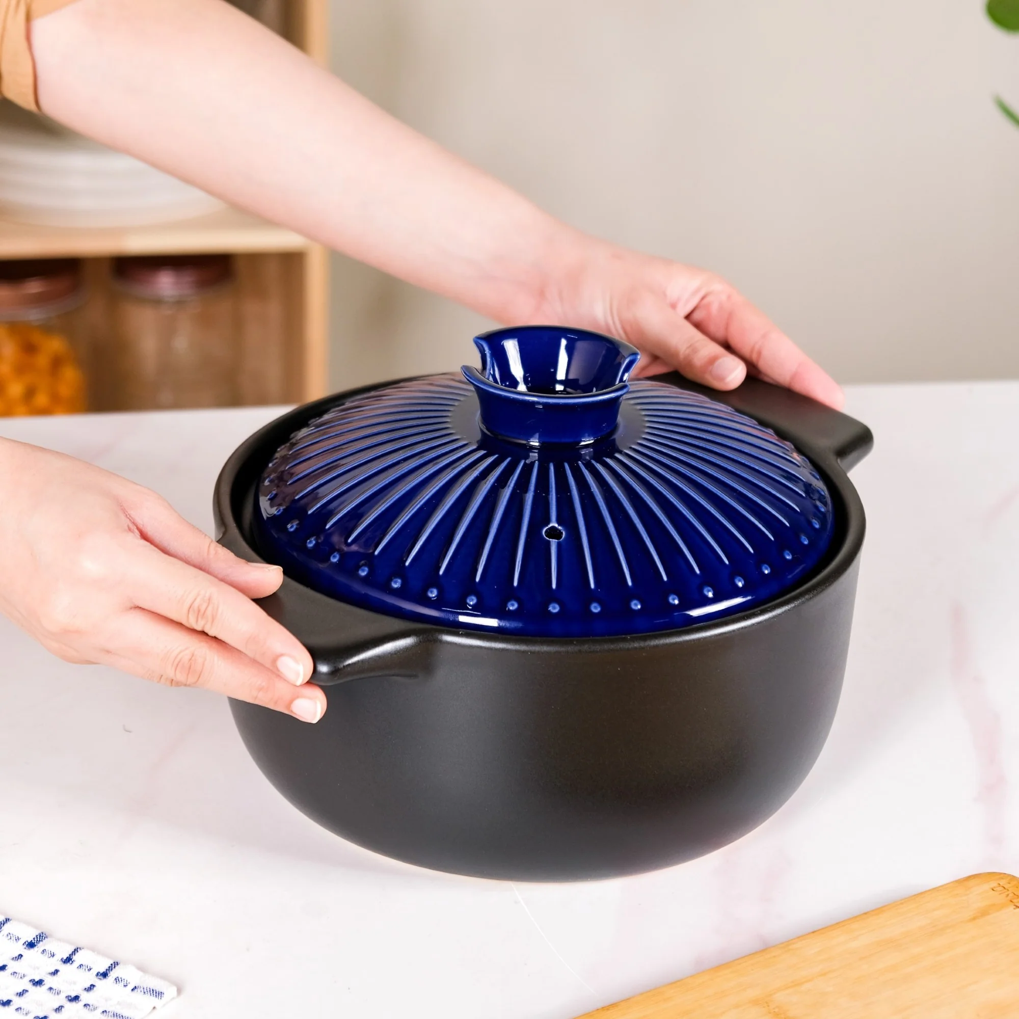Lumea Ribbed Ceramic Cooking Pot Blue 3500ml - Image 5