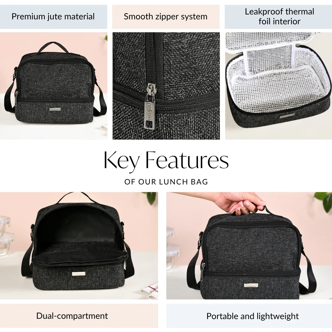 Lunchmate Dual Compartment Insulated Jute Lunch Bag Black - Image 4