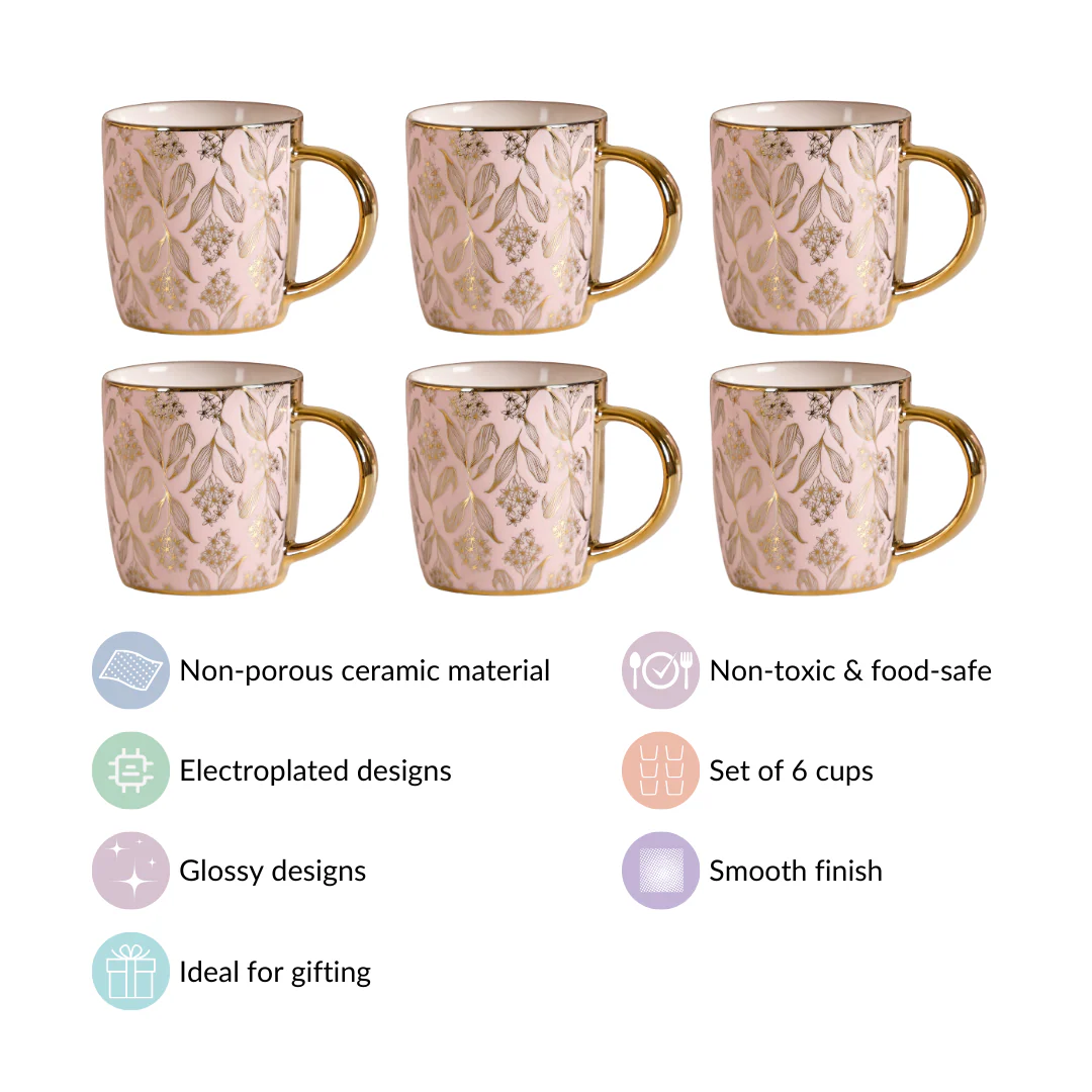 Luxe Ceramic Floral Teacup Set of 6 Pink Gold 350ml - Image 4