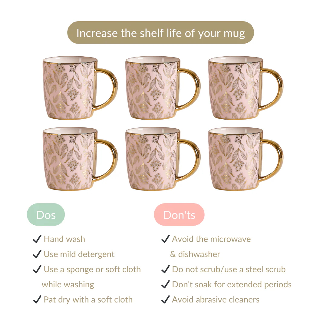 Luxe Ceramic Floral Teacup Set of 6 Pink Gold 350ml - Image 6