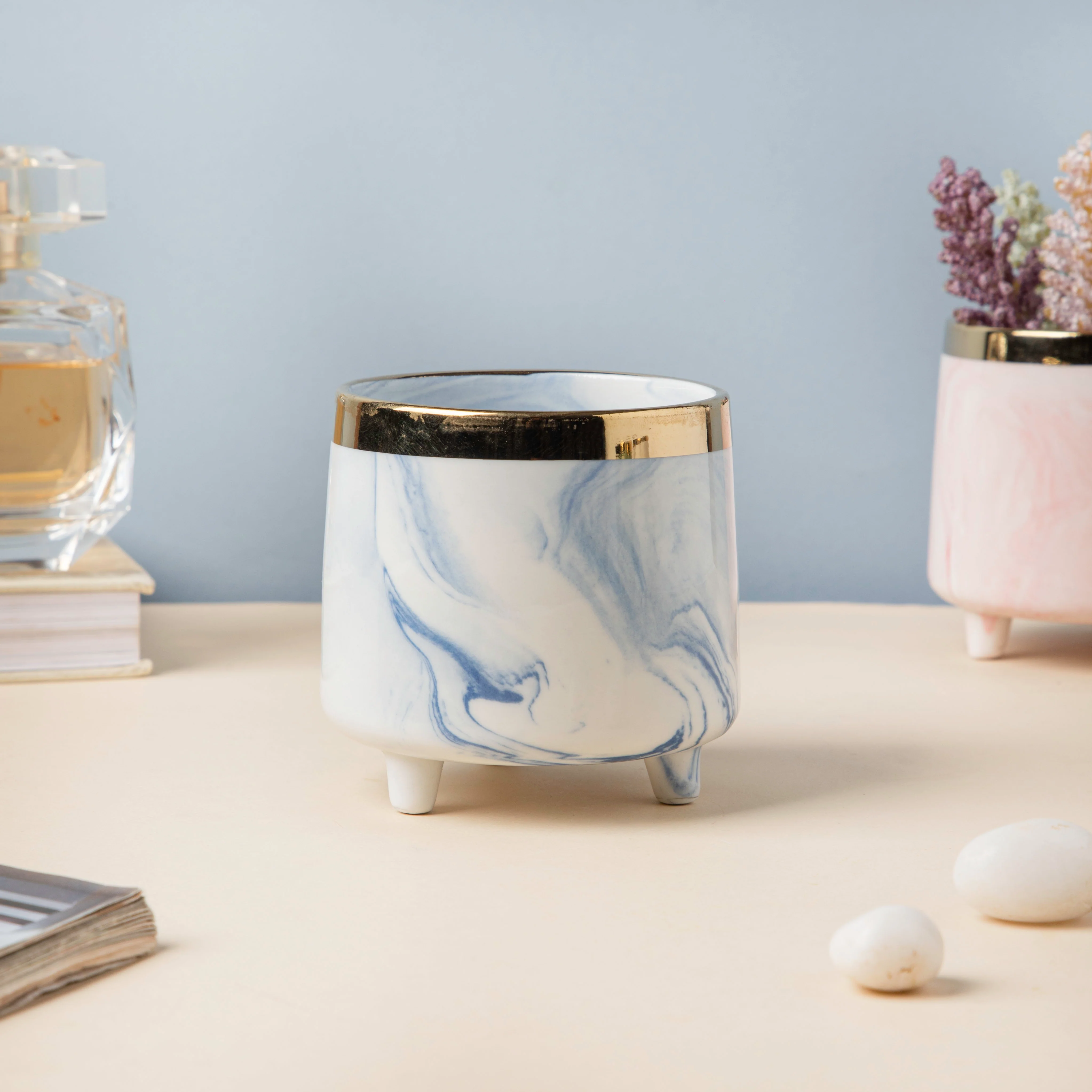 Luxe Ceramic Marble Planter Blue With Legs - Image 3