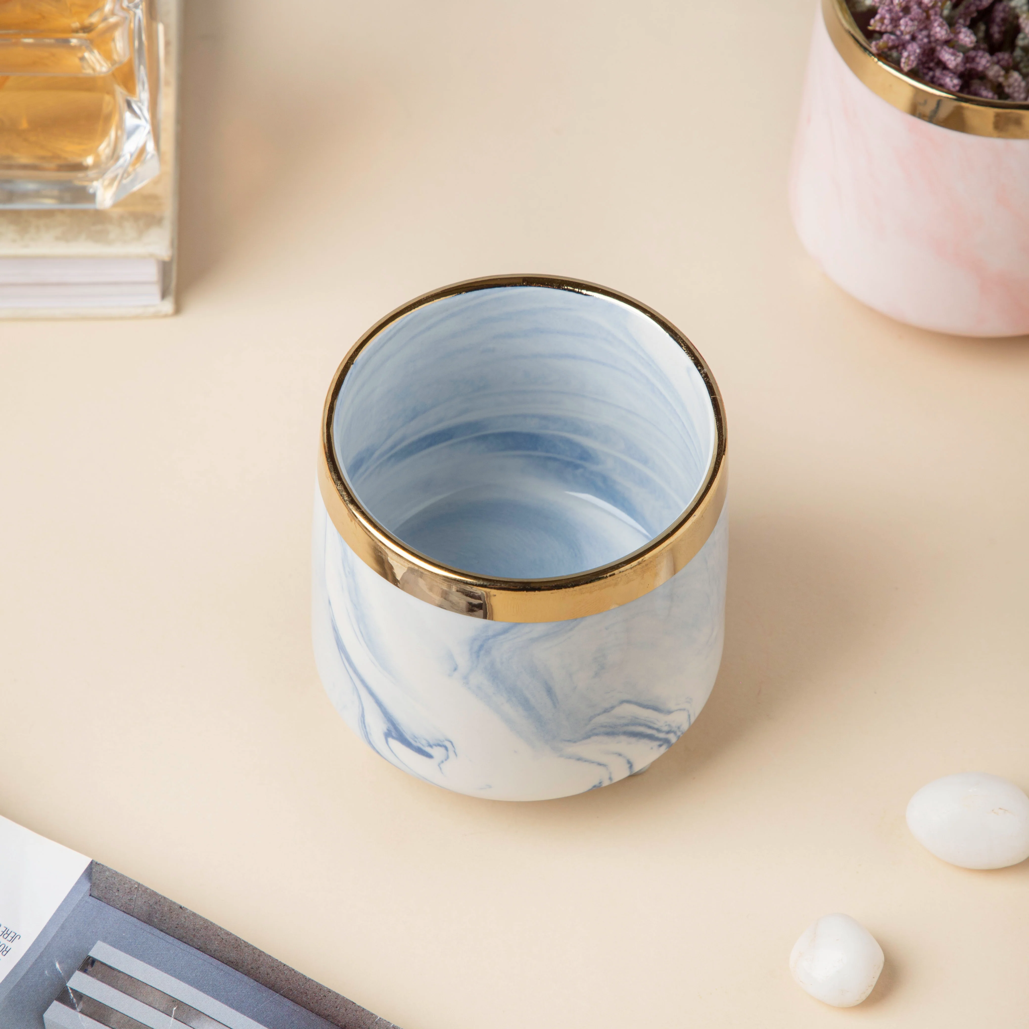 Luxe Ceramic Marble Planter Blue With Legs - Image 4