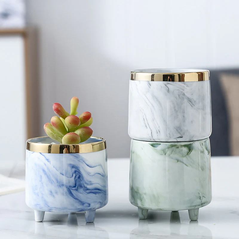 Luxe Ceramic Marble Planter Blue With Legs - Image 6