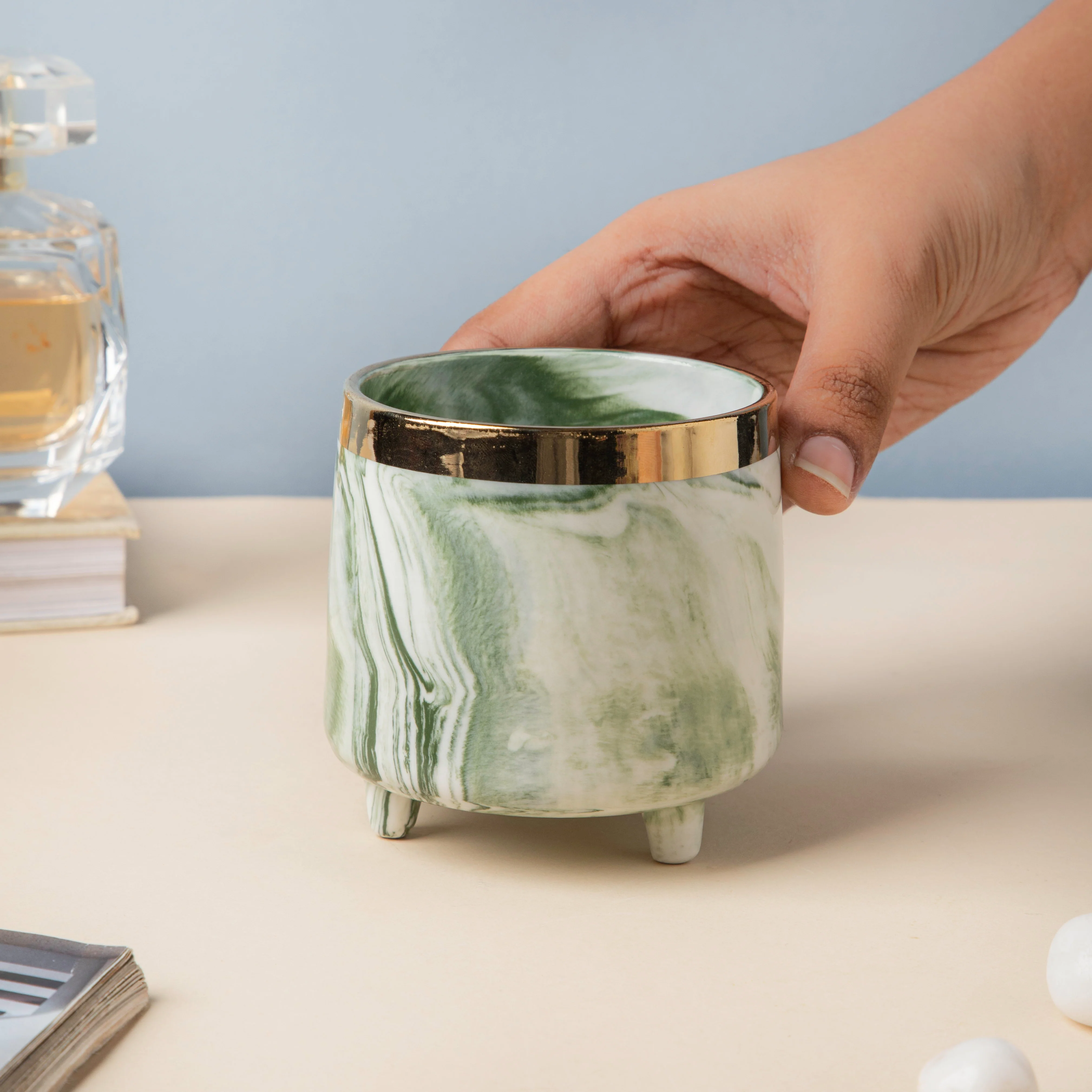 Luxe Ceramic Marble Planter Green With Legs - Image 2