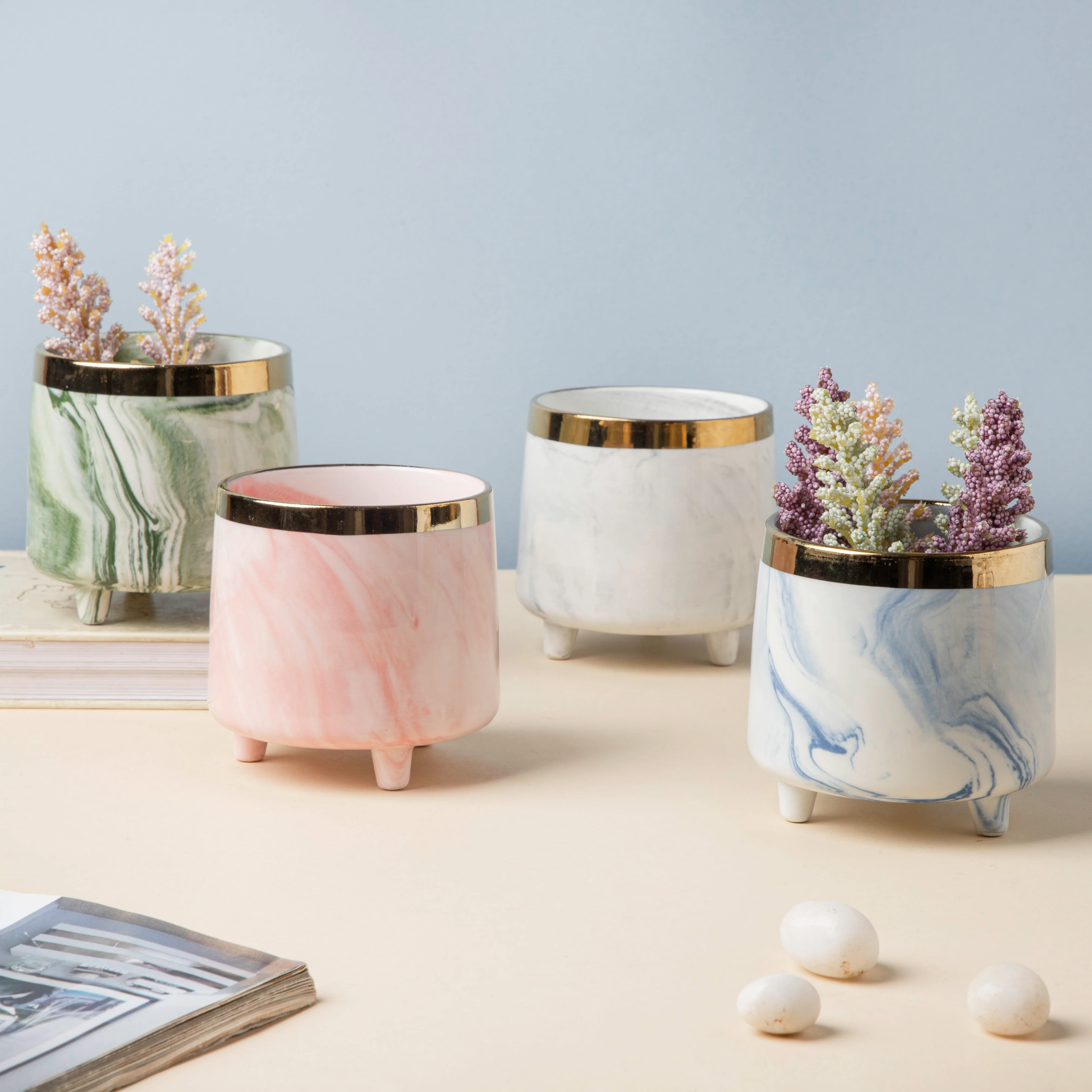Luxe Ceramic Marble Planter Green With Legs - Image 6
