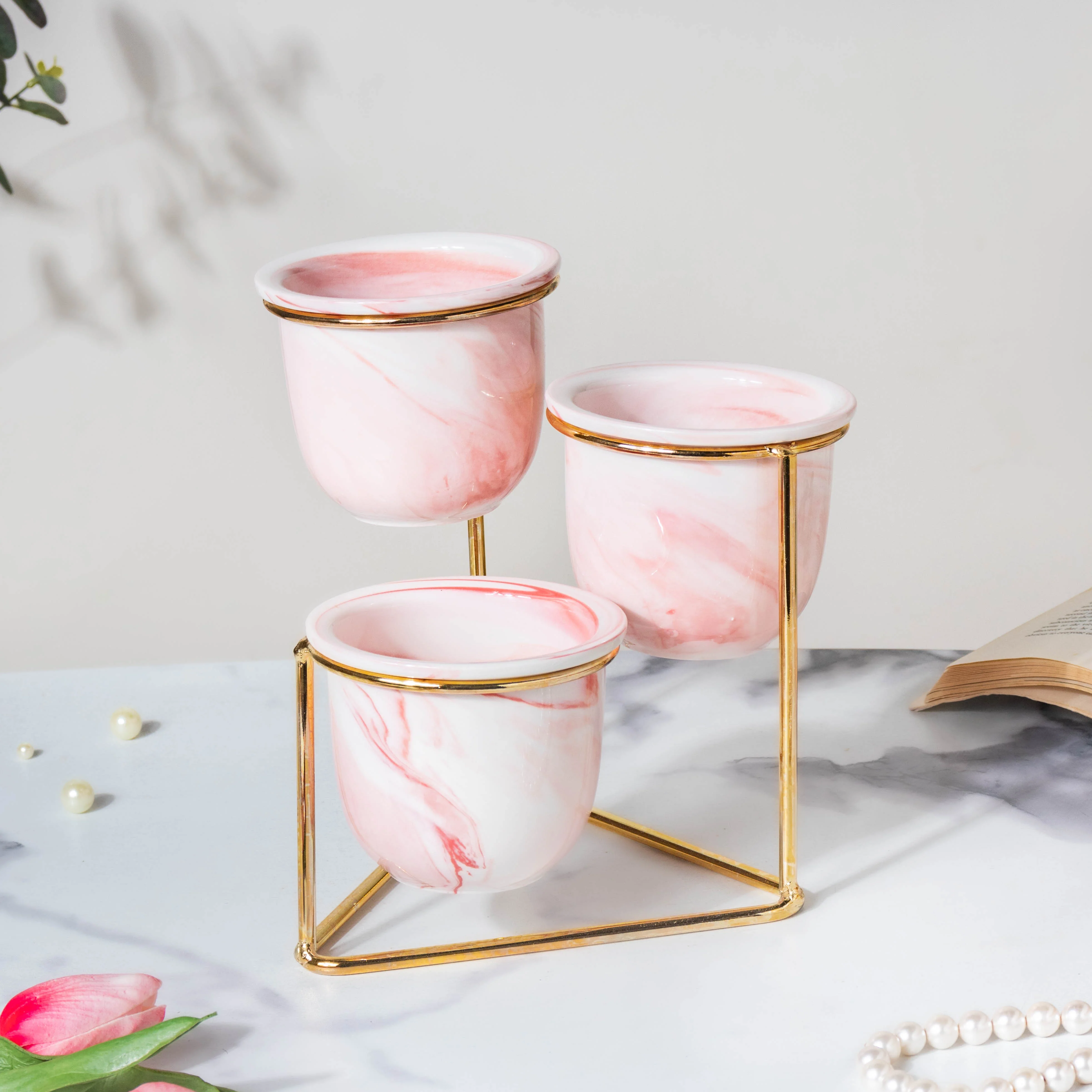 Luxe Ceramic Planter Set of 3 With Stand Pink - Image 7