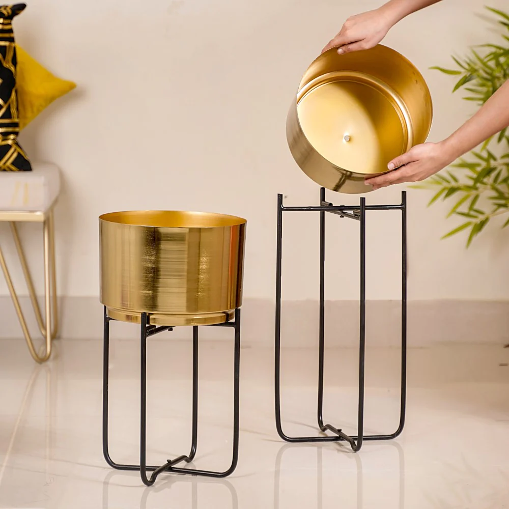 Luxe Metal Floor Planter With Stand Gold Set Of 2 - Image 2