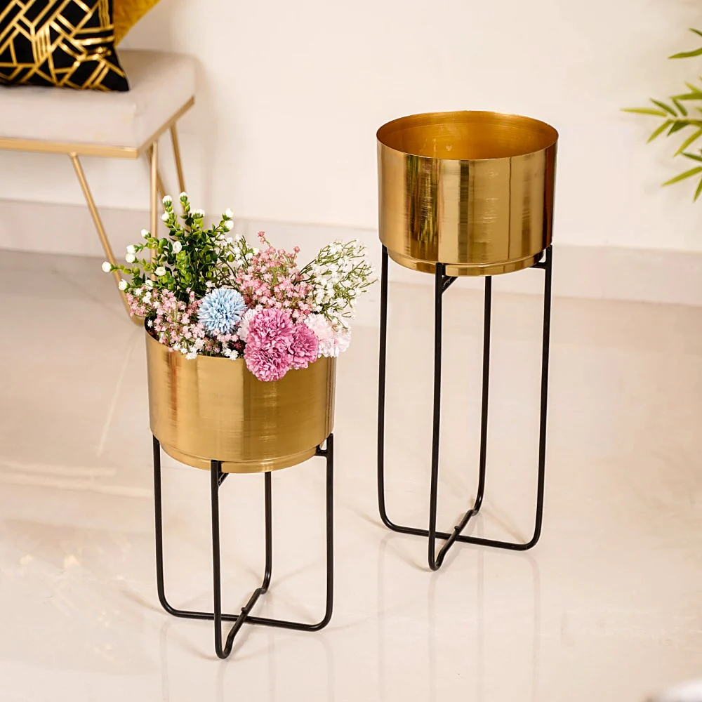 Luxe Metal Floor Planter With Stand Gold Set Of 2 - Image 3