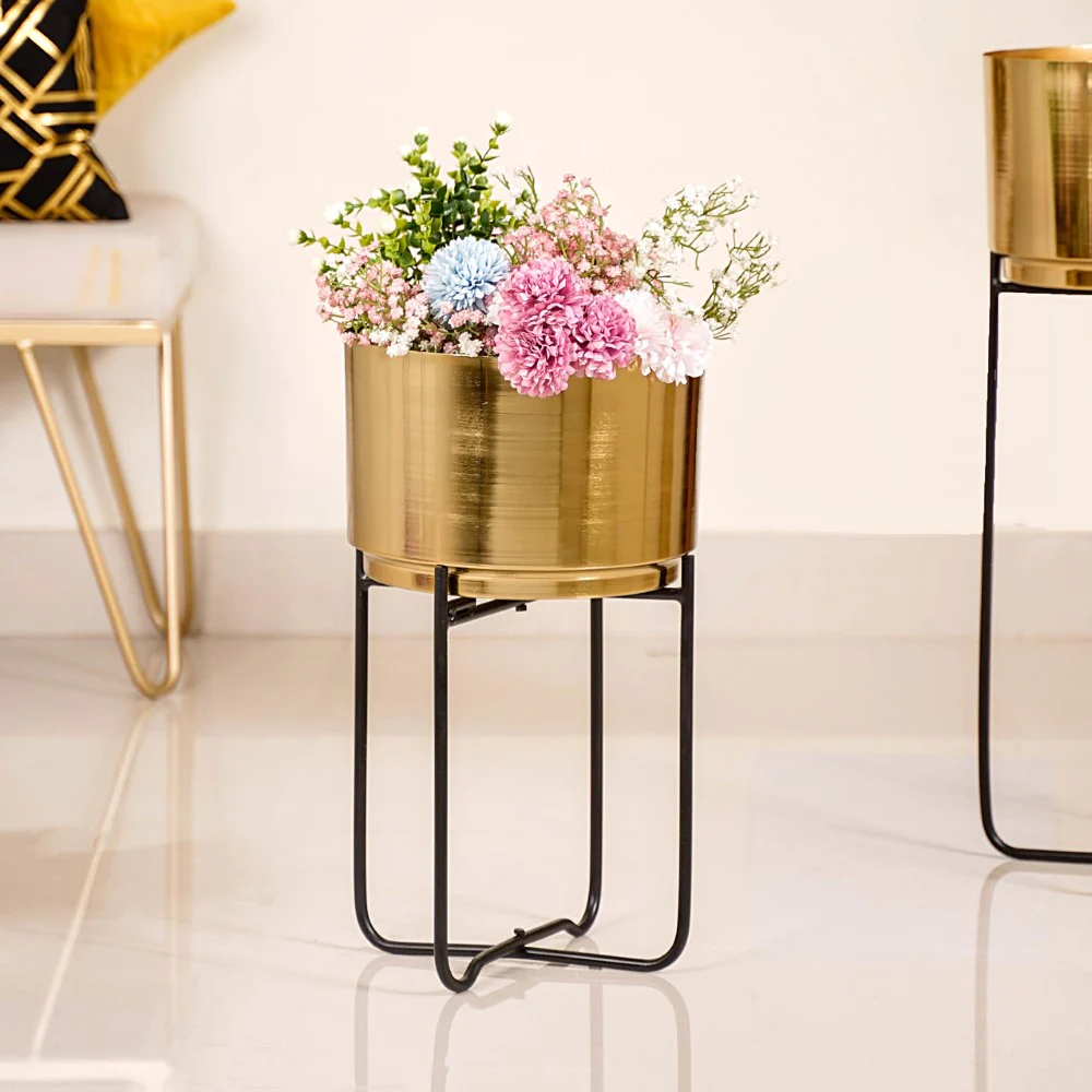 Luxe Metal Floor Planter With Stand Gold Set Of 2 - Image 4
