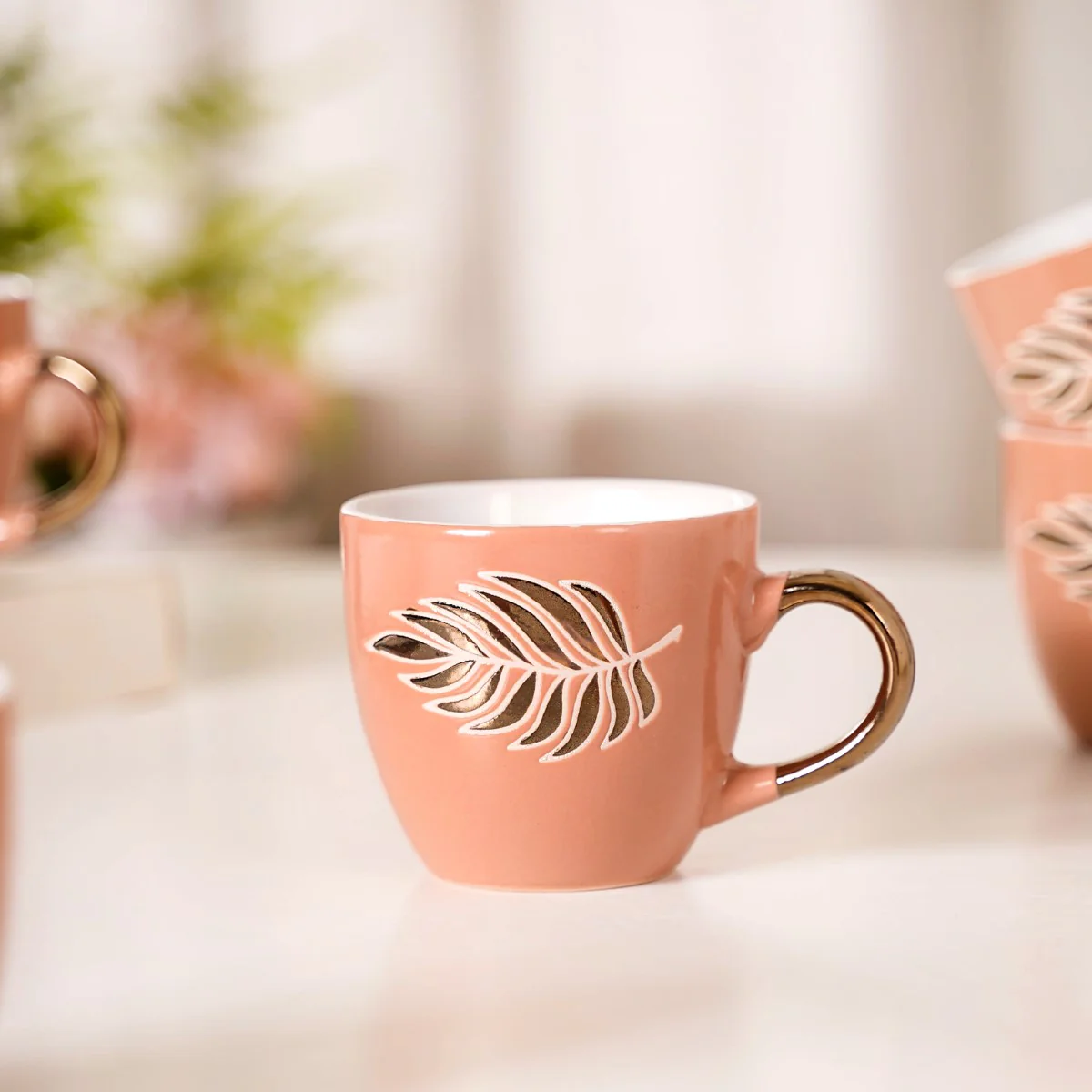 Luxury Leaf Ceramic Tea Cup Set of 6 Peach 250ml - Image 8