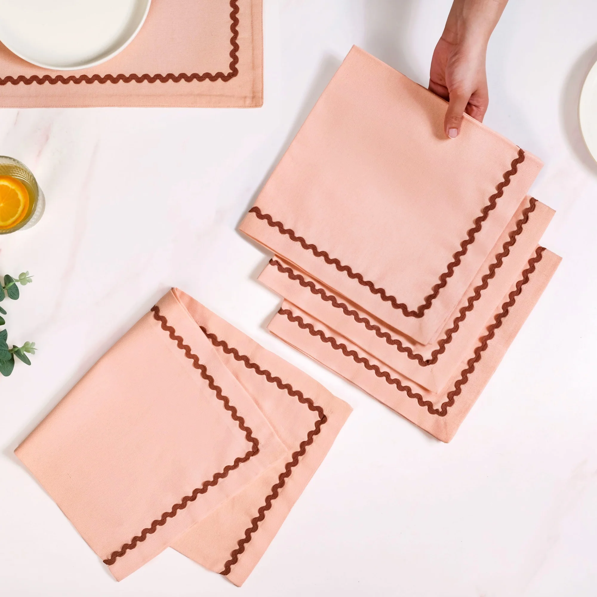 Madeline Peach Cotton Napkin Set Of 4 With Rick Rack - Image 2