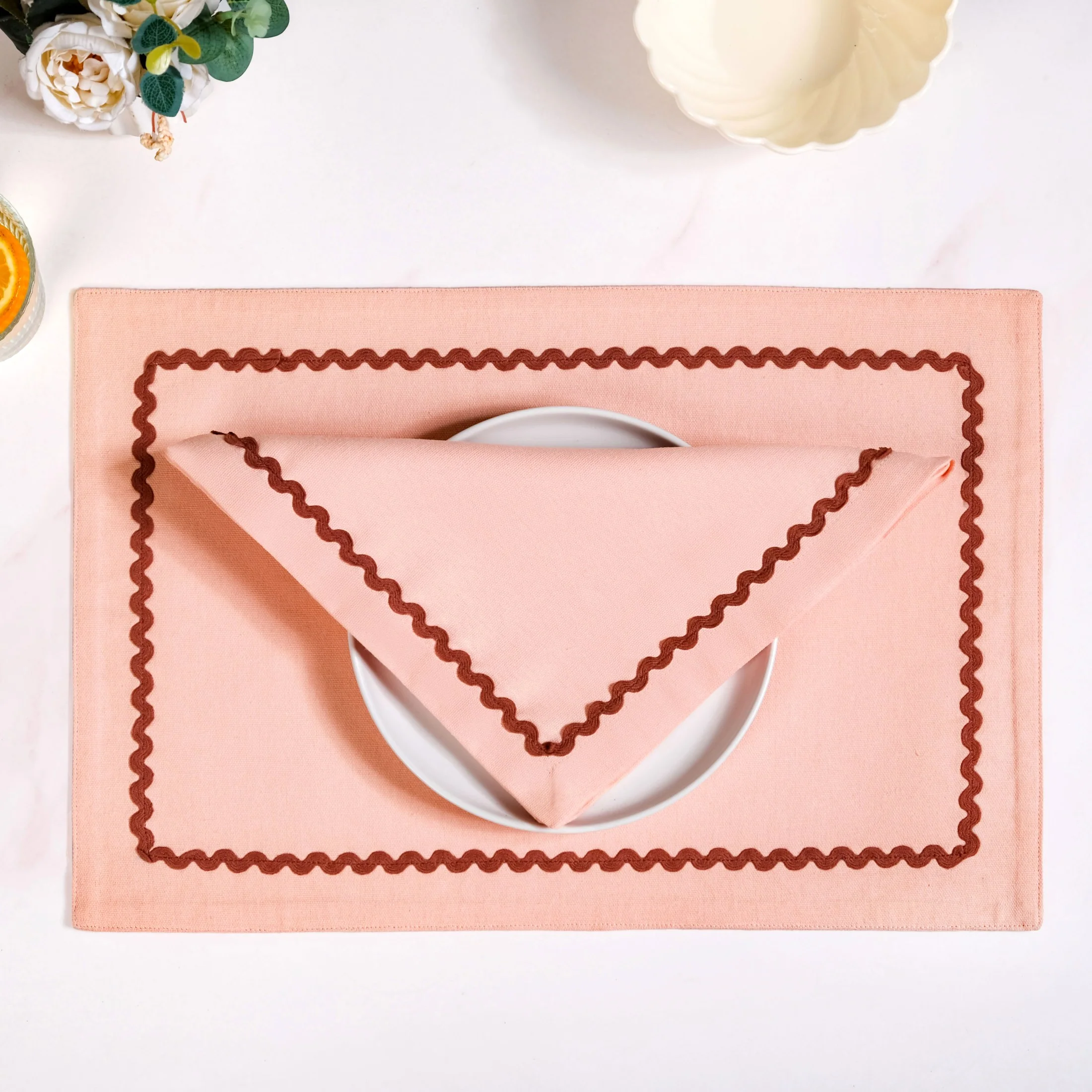 Madeline Peach Cotton Napkin Set Of 4 With Rick Rack - Image 8
