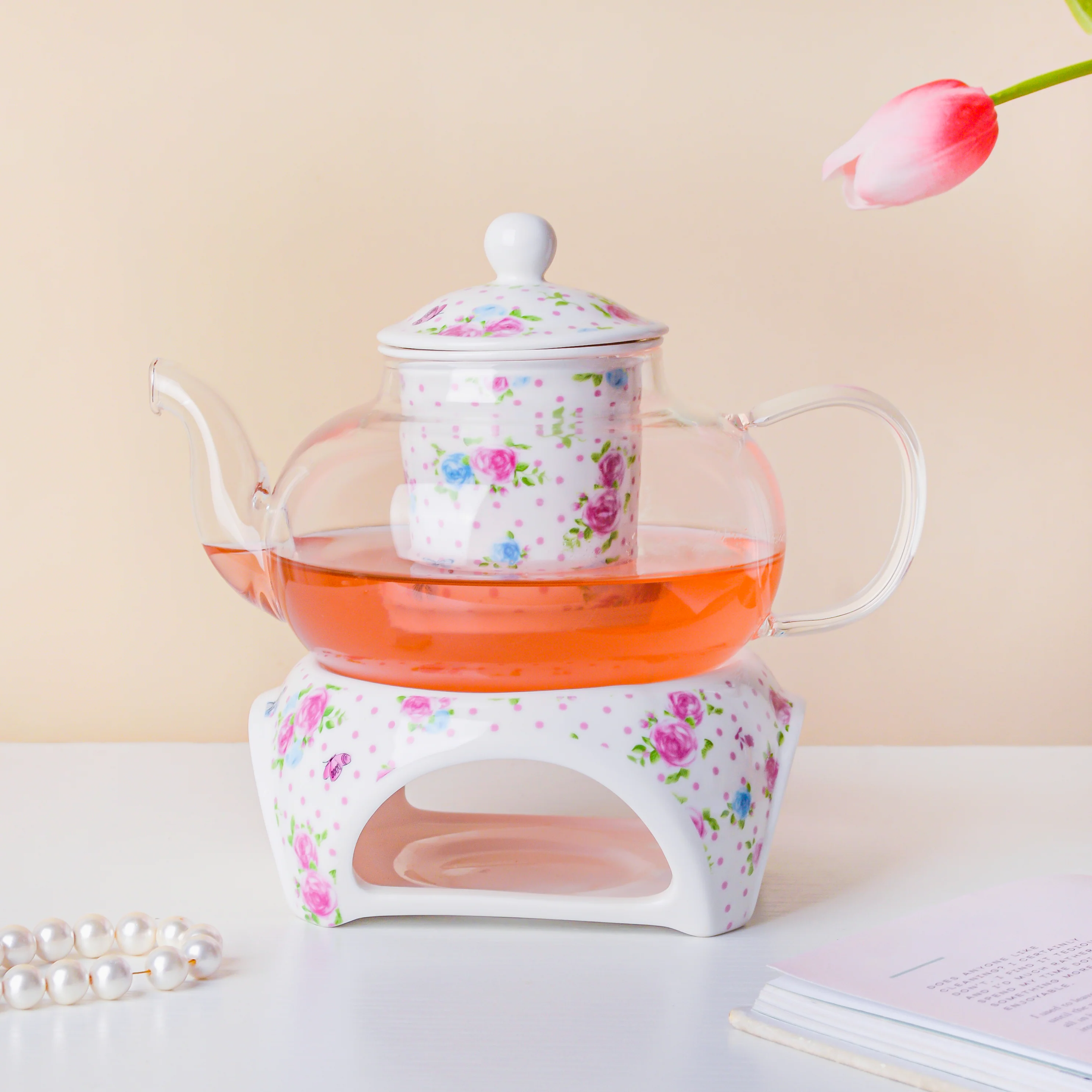 Magnolia Pink And Blue Glass Teapot With Warmer Base 700 ml
