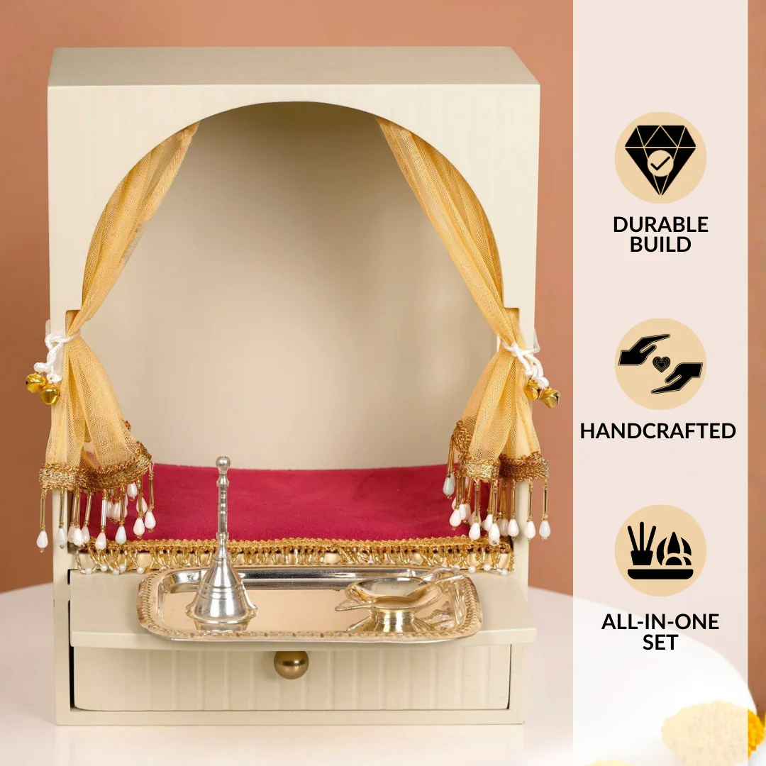 Mahima Pooja Mandir Small With Aasan Puja Thali And Curtain Set - Image 2