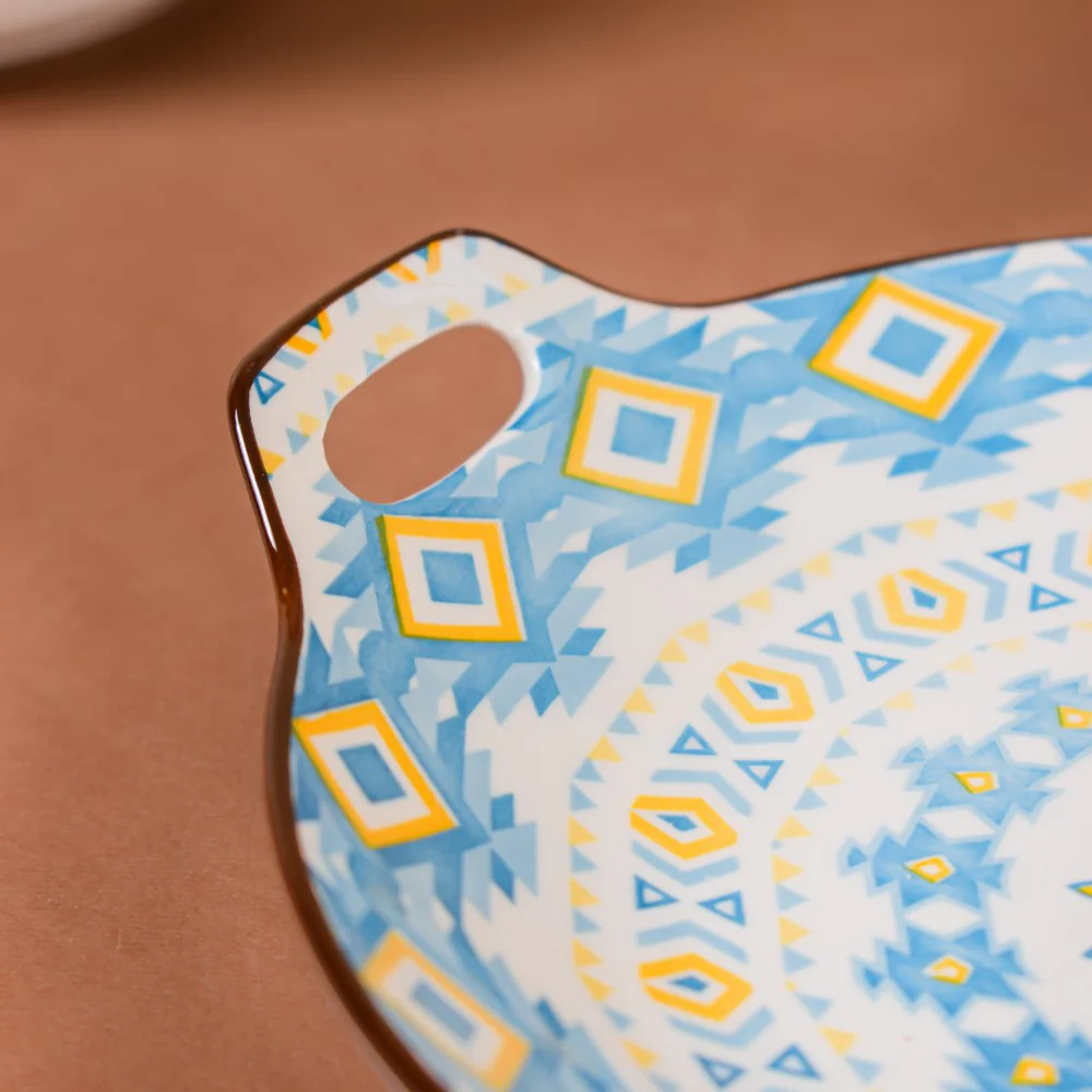 Mandala Blue Ceramic Round Plate With Handle - Image 6